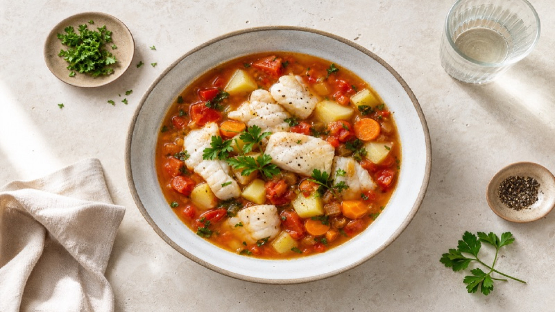 Herzhafter Rotbarsch-Eintopf mit gewürfelten Tomaten und Gemüsebrühe
