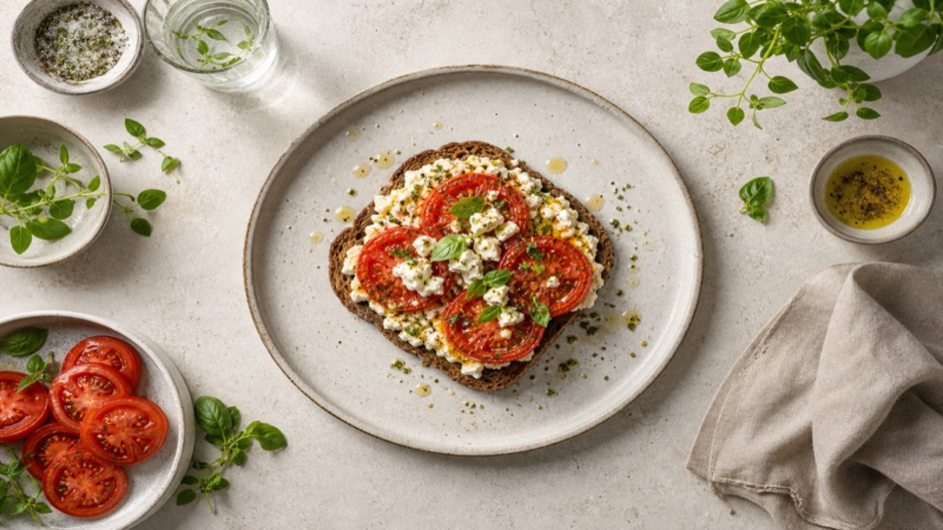Herzhafter Schafskäse-Toast auf Roggenbrot mit Tomaten
