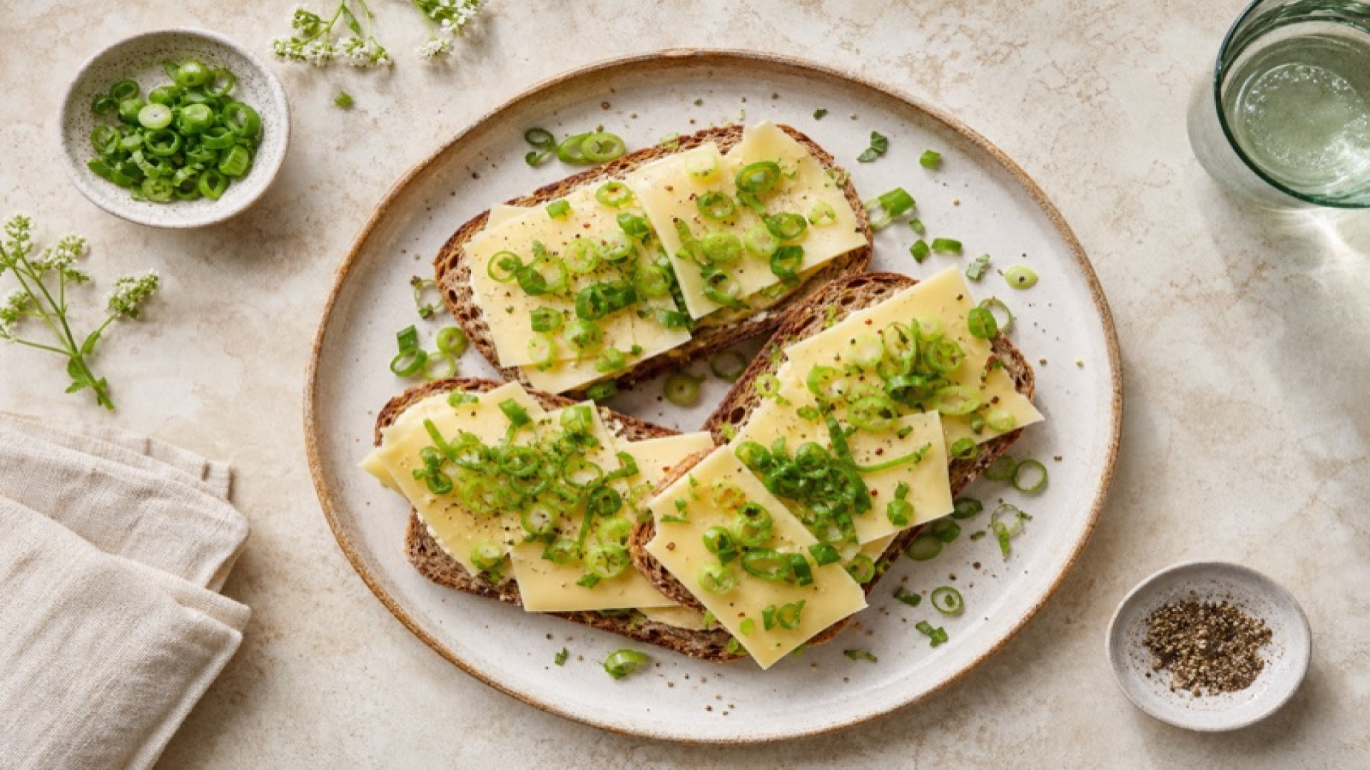 Herzhafter Vollkornbrot-Teller mit Schichtkäse und Frühlingszwiebeln