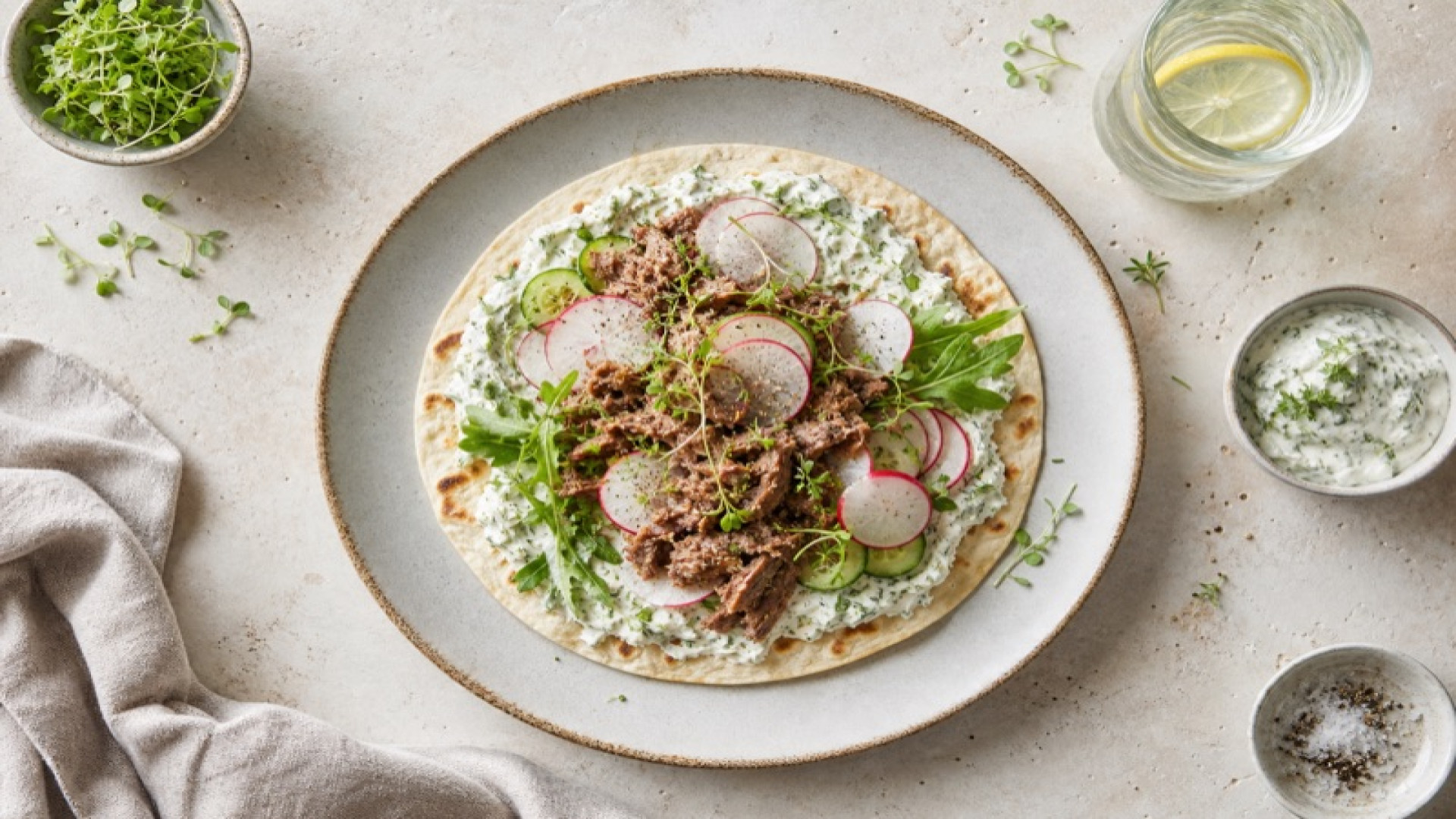 Herzhafter Wildschwein-Wrap mit Kräuterquark und Radieschen