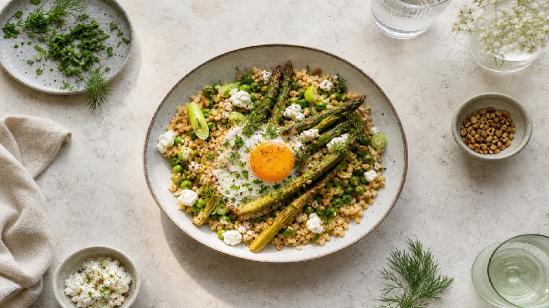 Herzhaftes Bulgur-Frühstück mit gebratenem Spargel