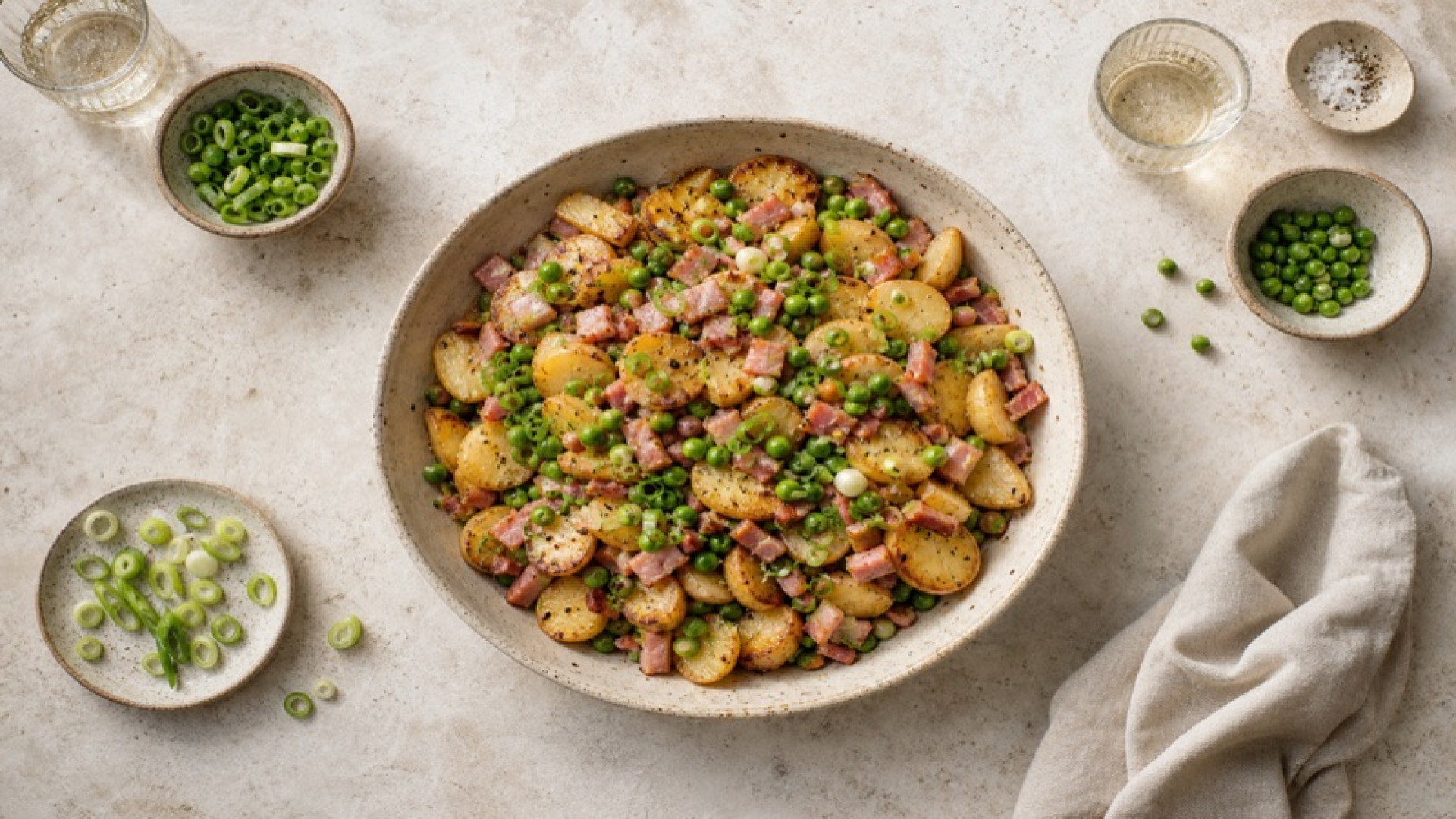 Herzhafte Schinkenkartoffel-Pfanne mit Erbsen und Frühlingszwiebeln