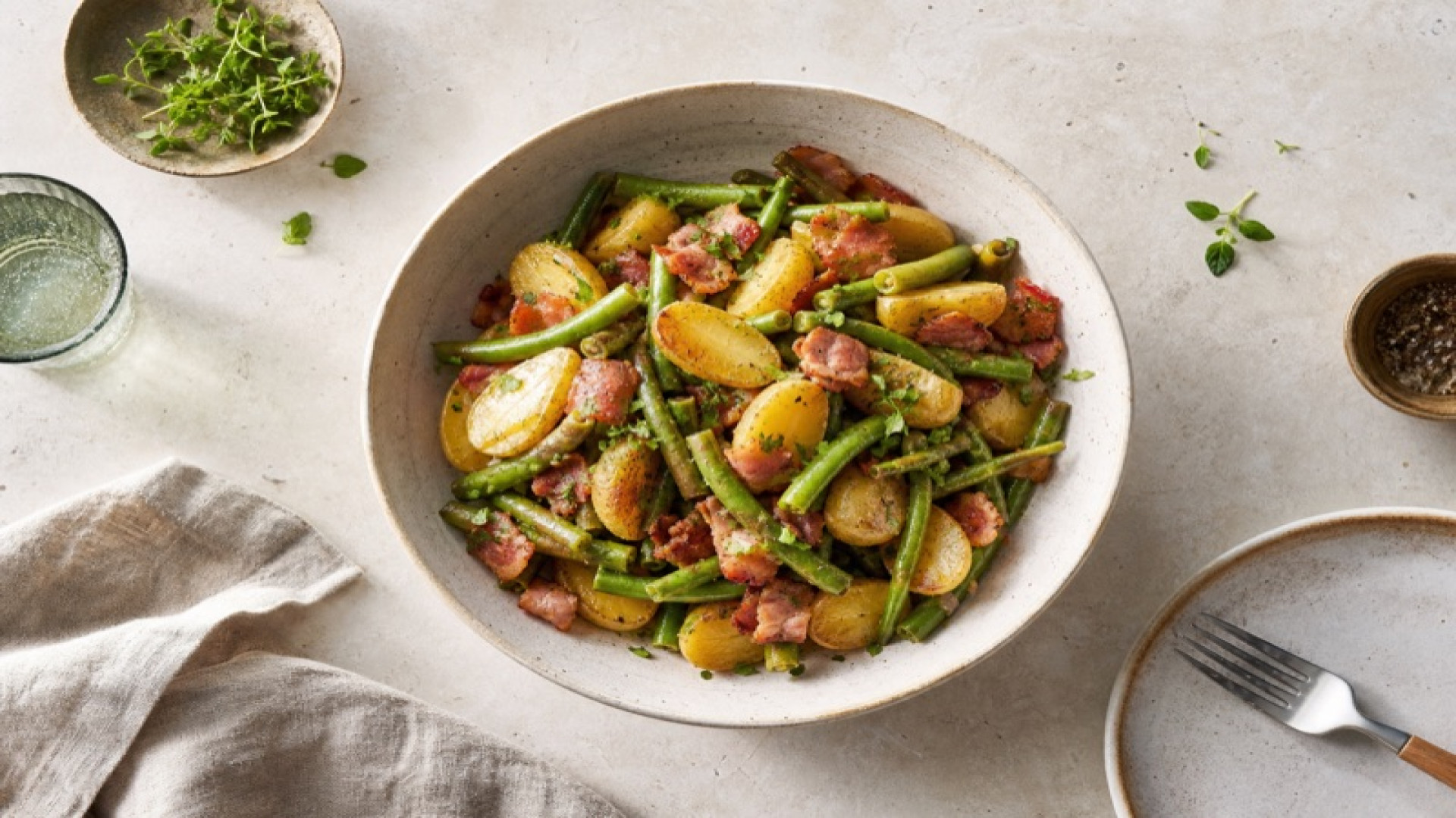 Herzhafte Schinkenspeck-Kartoffel-Bowl mit grünen Bohnen