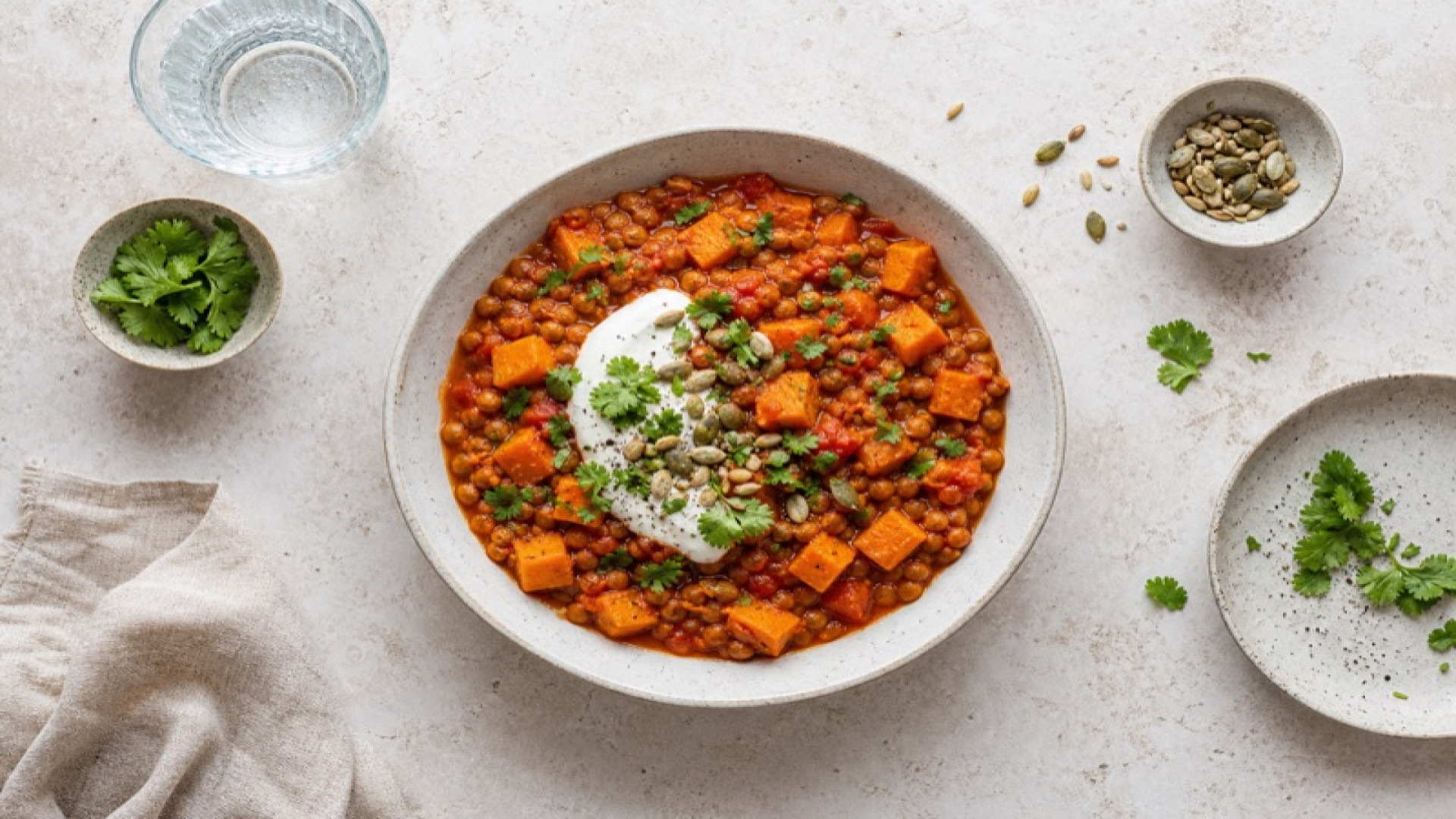 Herzhafte Süßkartoffel-Bowl mit Dosentomaten und Linsen