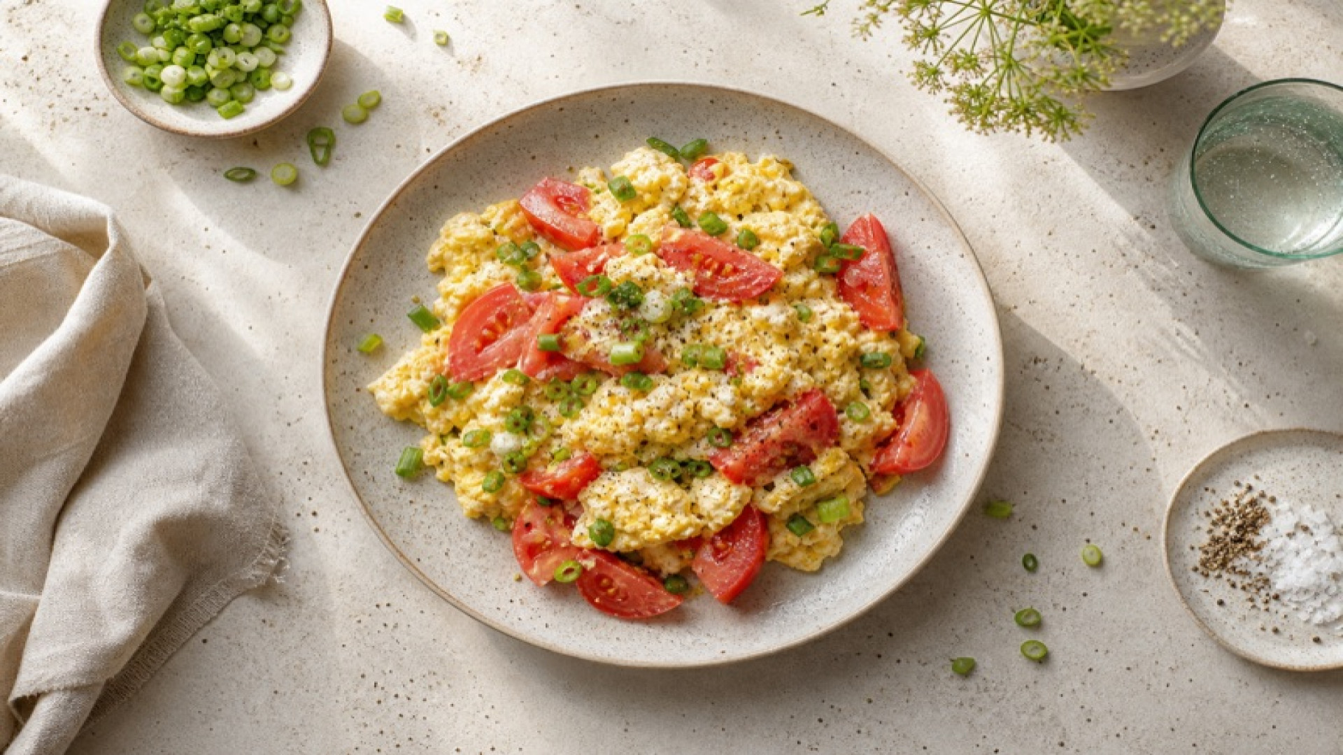 Herzhaftes Rührei mit Frühlingszwiebeln und Fleischtomaten