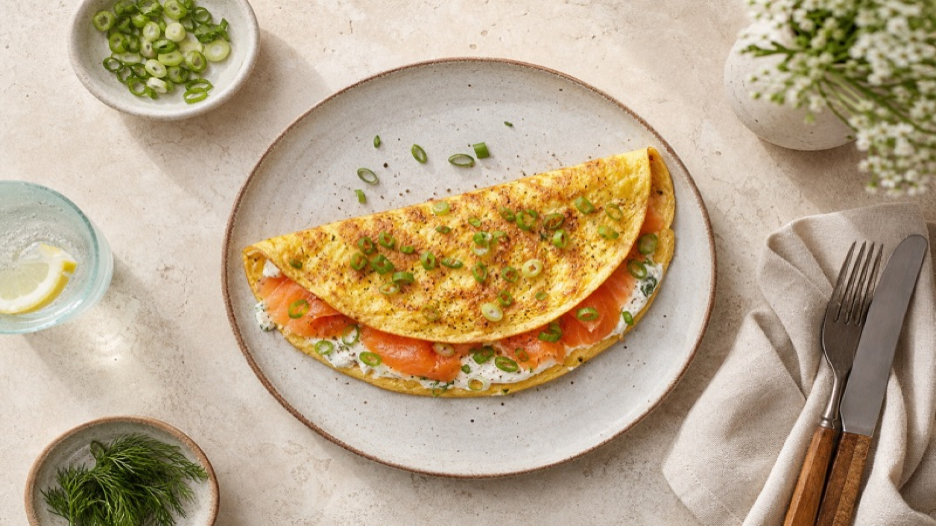 Herzhaftes Räucherlachs-Omelett mit Frischkäse und Frühlingszwiebeln