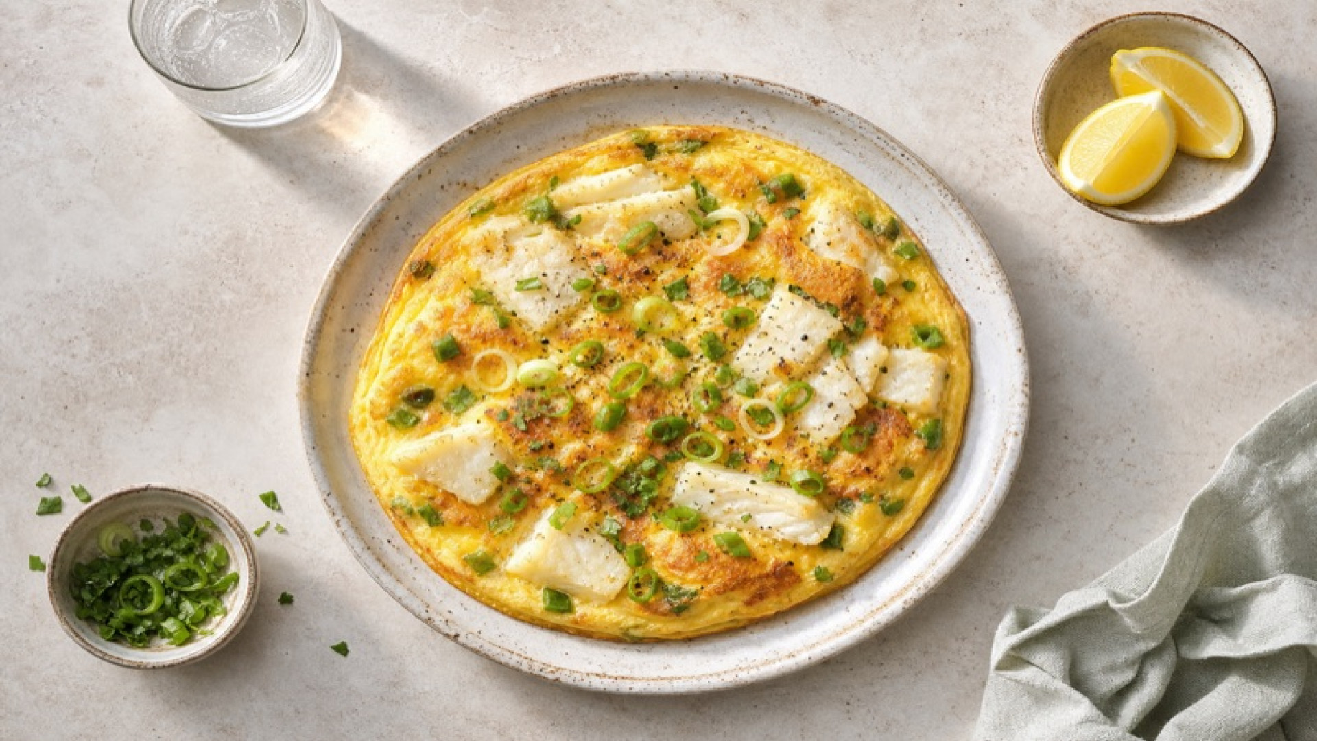 Herzhaftes Seezungen-Omelett mit Frühlingszwiebeln und Zitrone