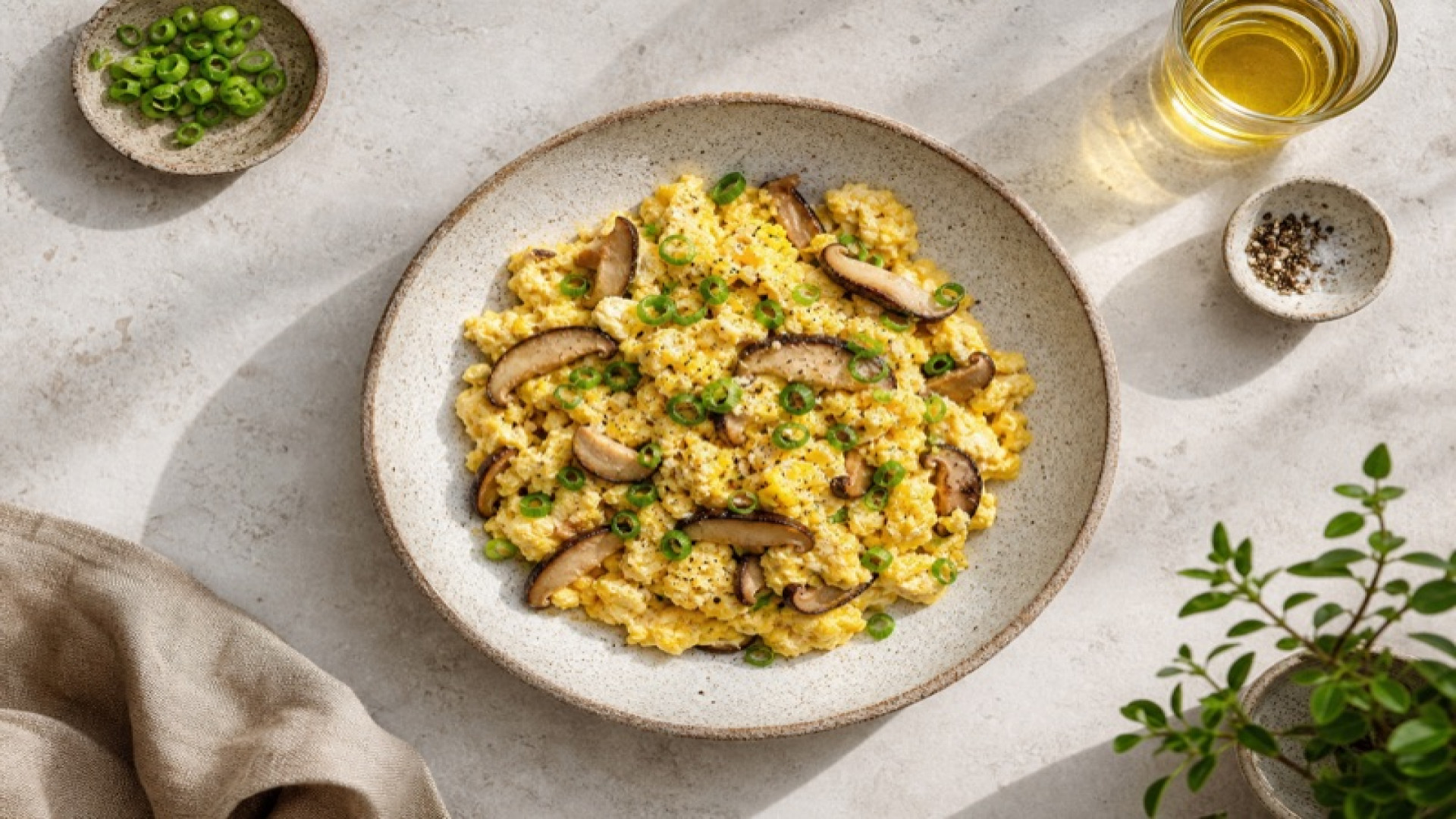 Herzhaftes Shiitake-Rührei mit Frühlingszwiebeln und Olivenöl