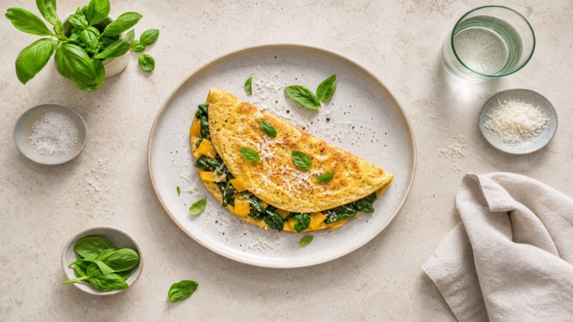 Herzhaftes Spinat-Omelett mit gelber Paprika und Parmesan