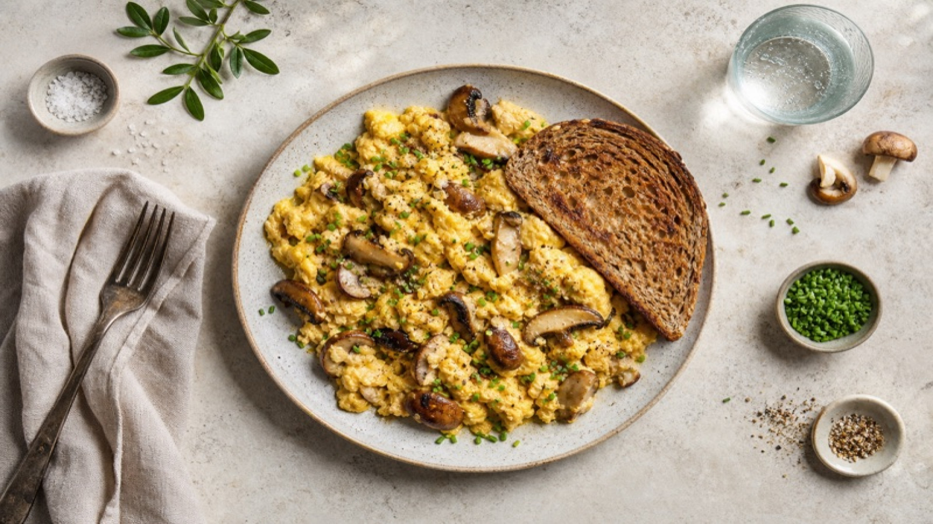 Herzhaftes Steinpilz-Rührei mit Vollkornbrot