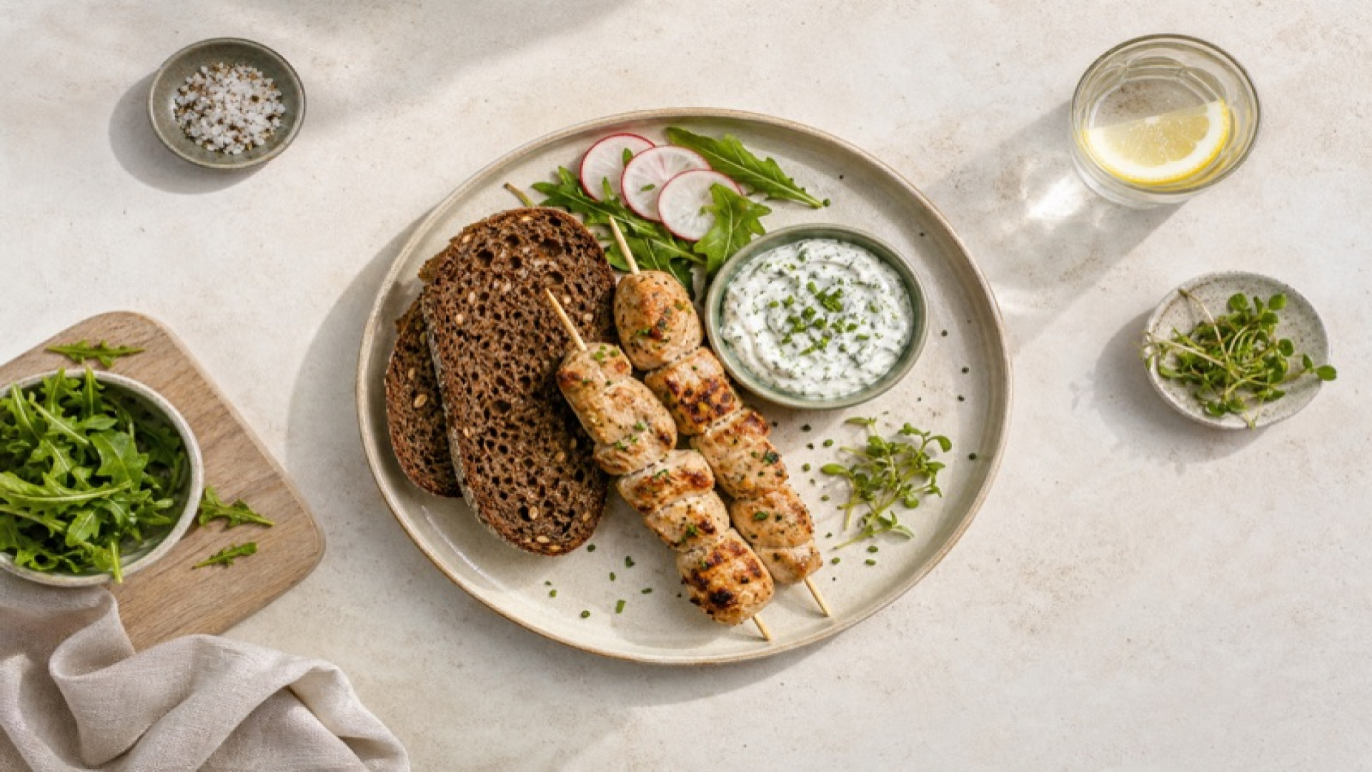Hähnchenbrust-Skewer mit Roggenvollkornbrot und Kräuterquark