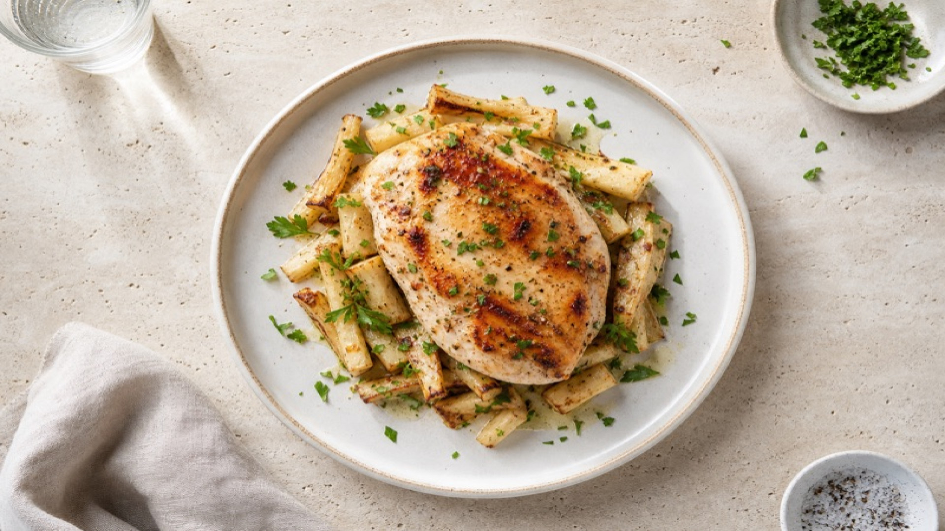 Hähnchen mit gebratenem Knollensellerie und Petersilie