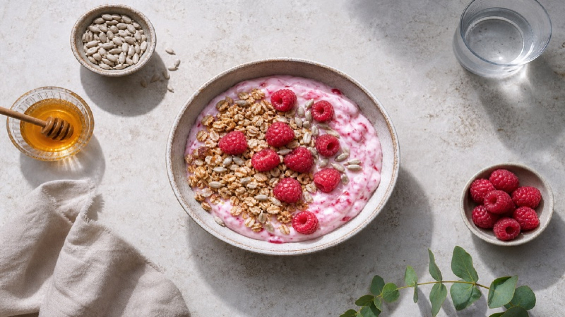 Himbeeren-Quark-Bowl mit Müsli und Sonnenblumenkernen