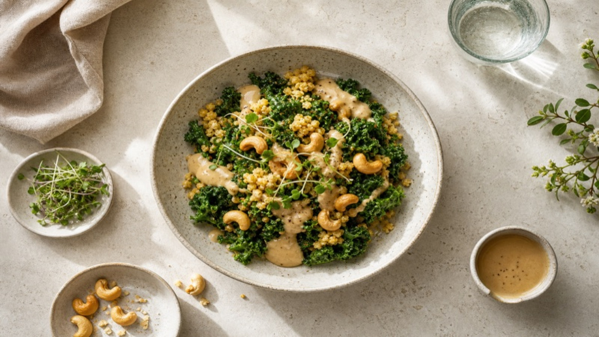 Hirse-Bowl mit gedünstetem Grünkohl und Cashewmus-Dressing