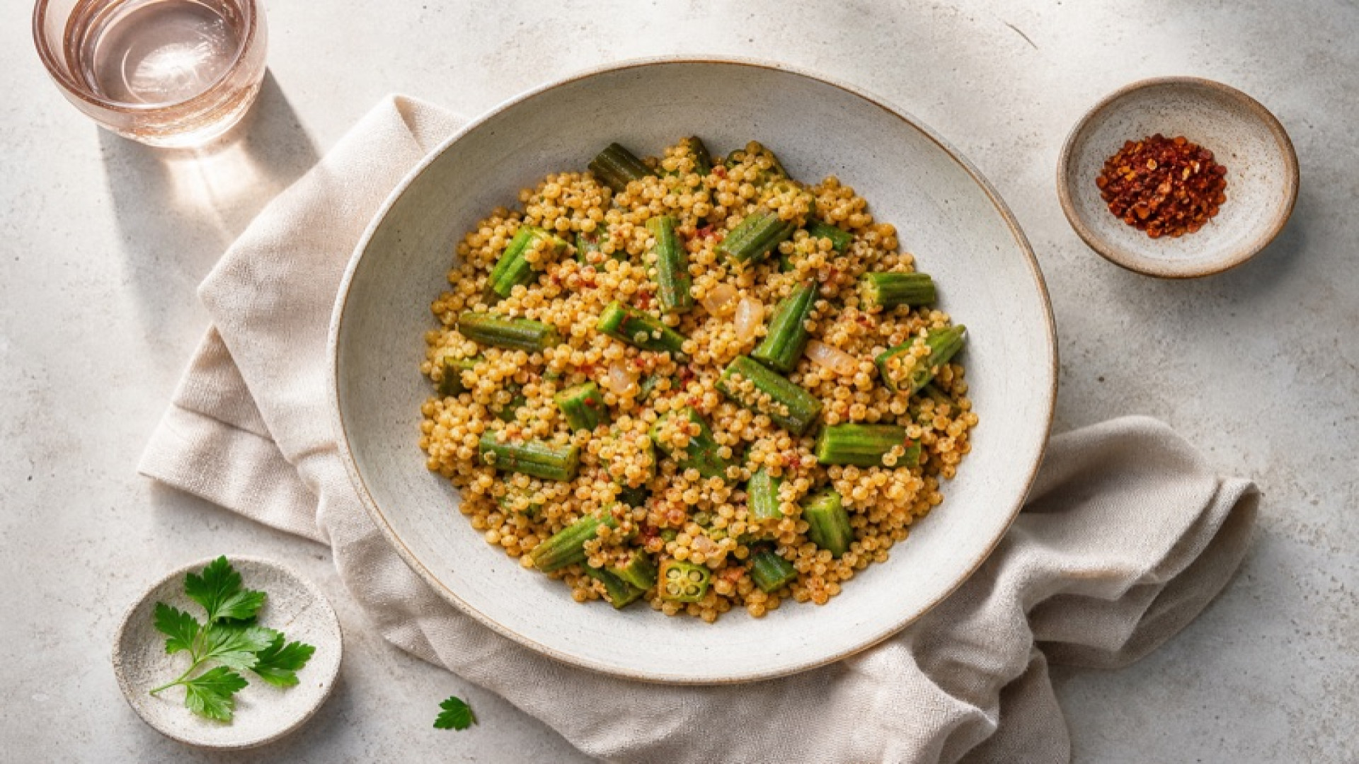 Hirse-Okra-Pfanne mit Chiliflocken