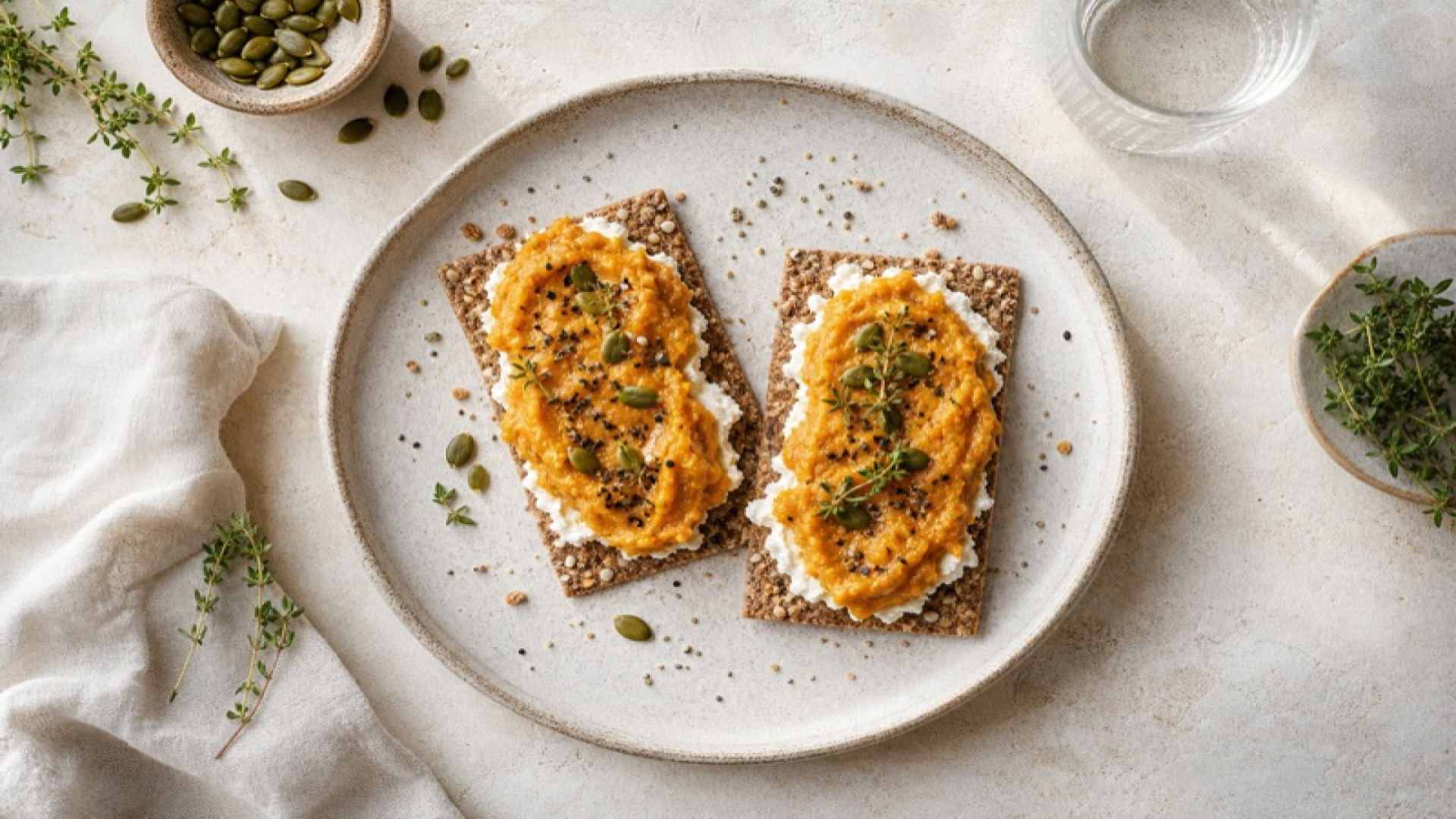 Hokkaido-Aufstrich auf Mehrkornknäckebrot mit Frischkäse