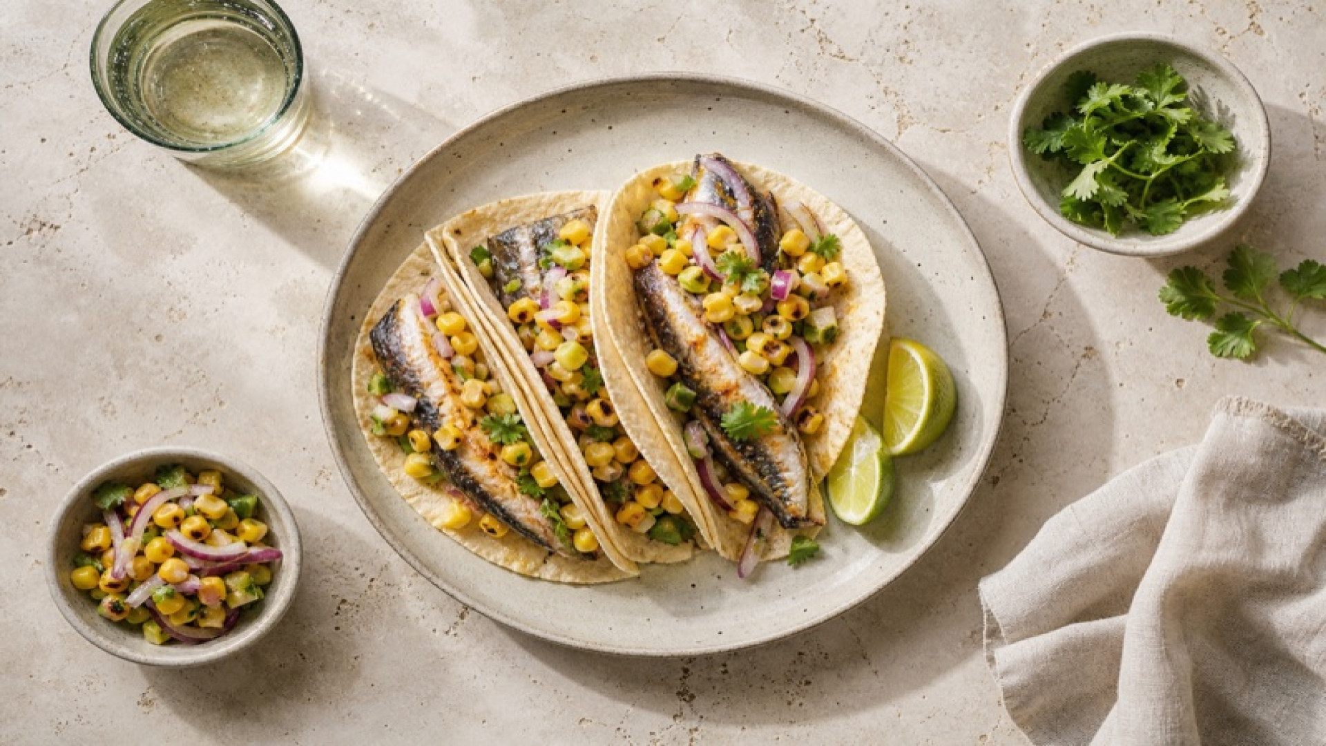 Hornhecht-Taco mit Mais-Salsa und roter Zwiebel