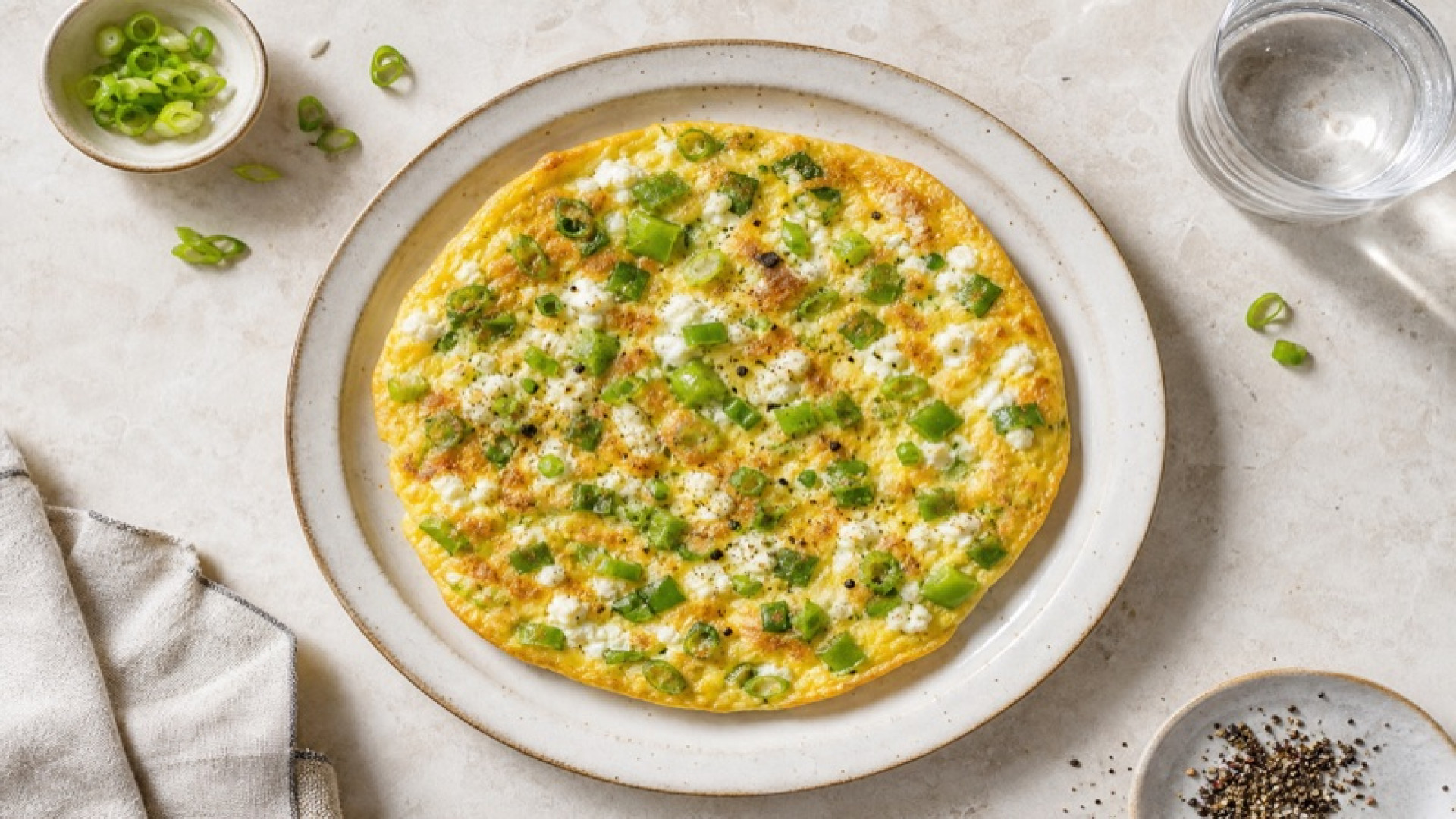 Hüttenkäse-Omelett mit Frühlingszwiebeln und grüner Paprika