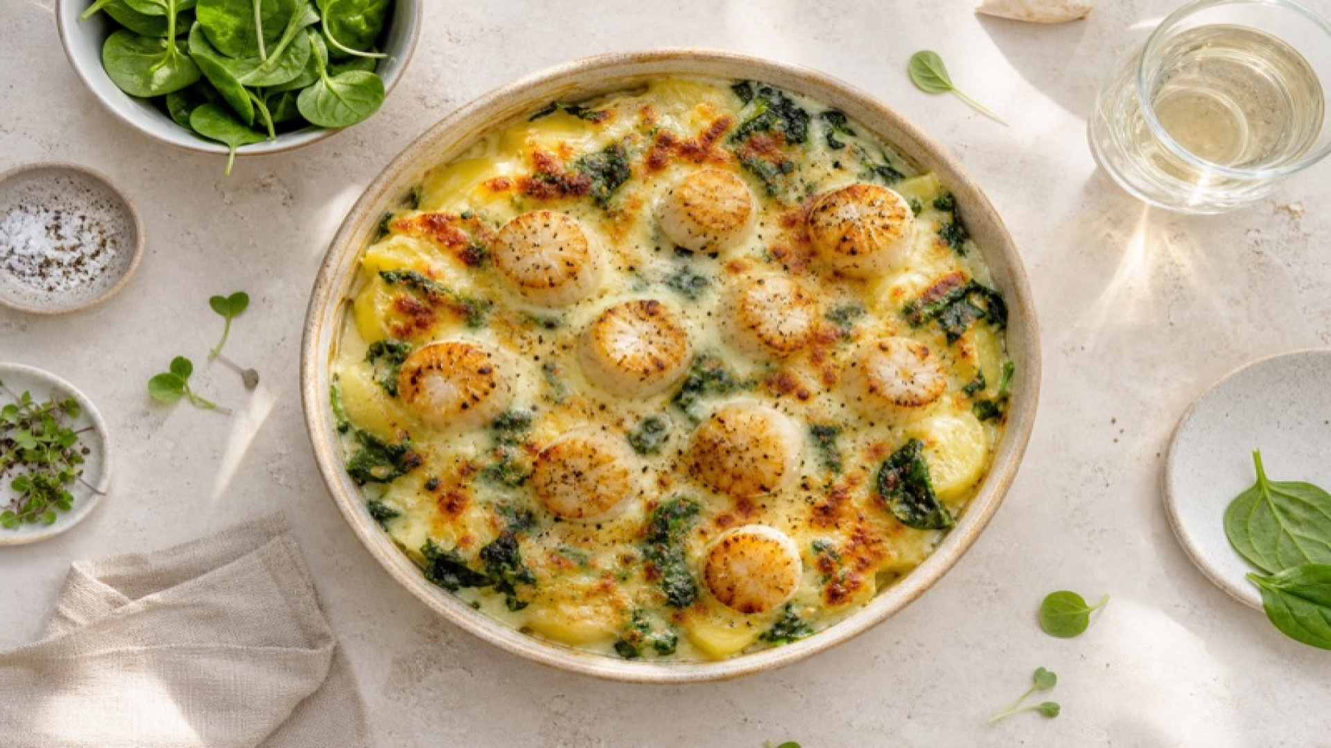Jakobsmuschel-Gratin mit Kartoffel-Spinat-Basis