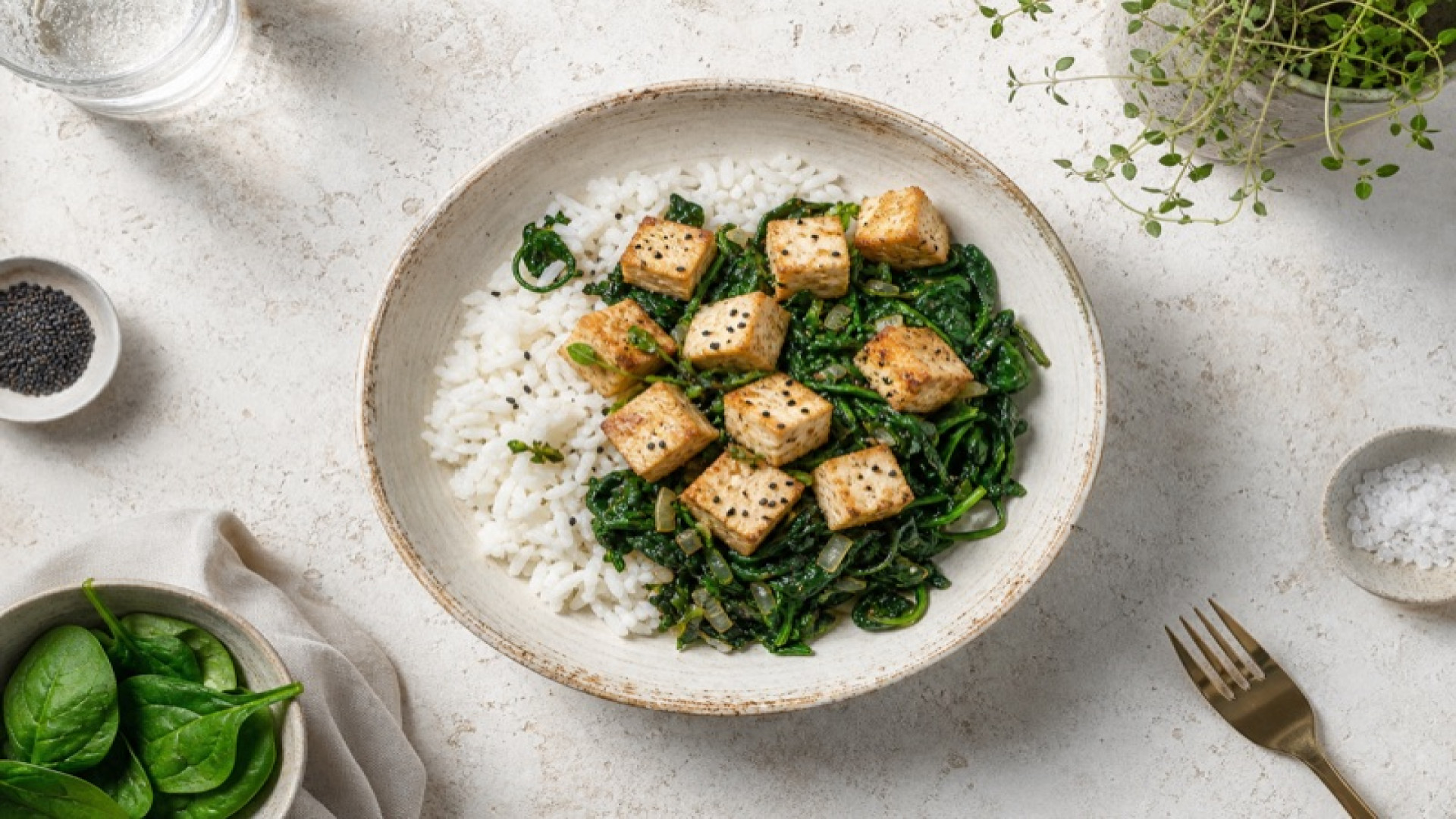 Jasminreis-Bowl mit gedünstetem Spinat und Tofu