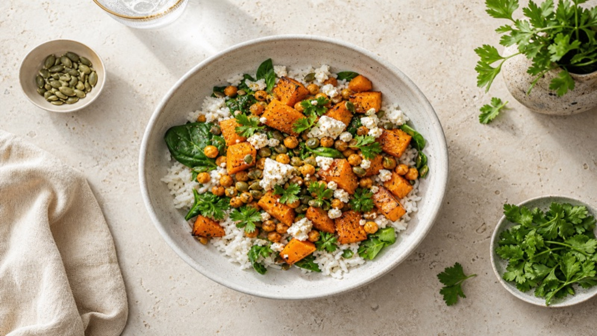 Jasminreis-Bowl mit geröstetem Kürbis und Kichererbsen