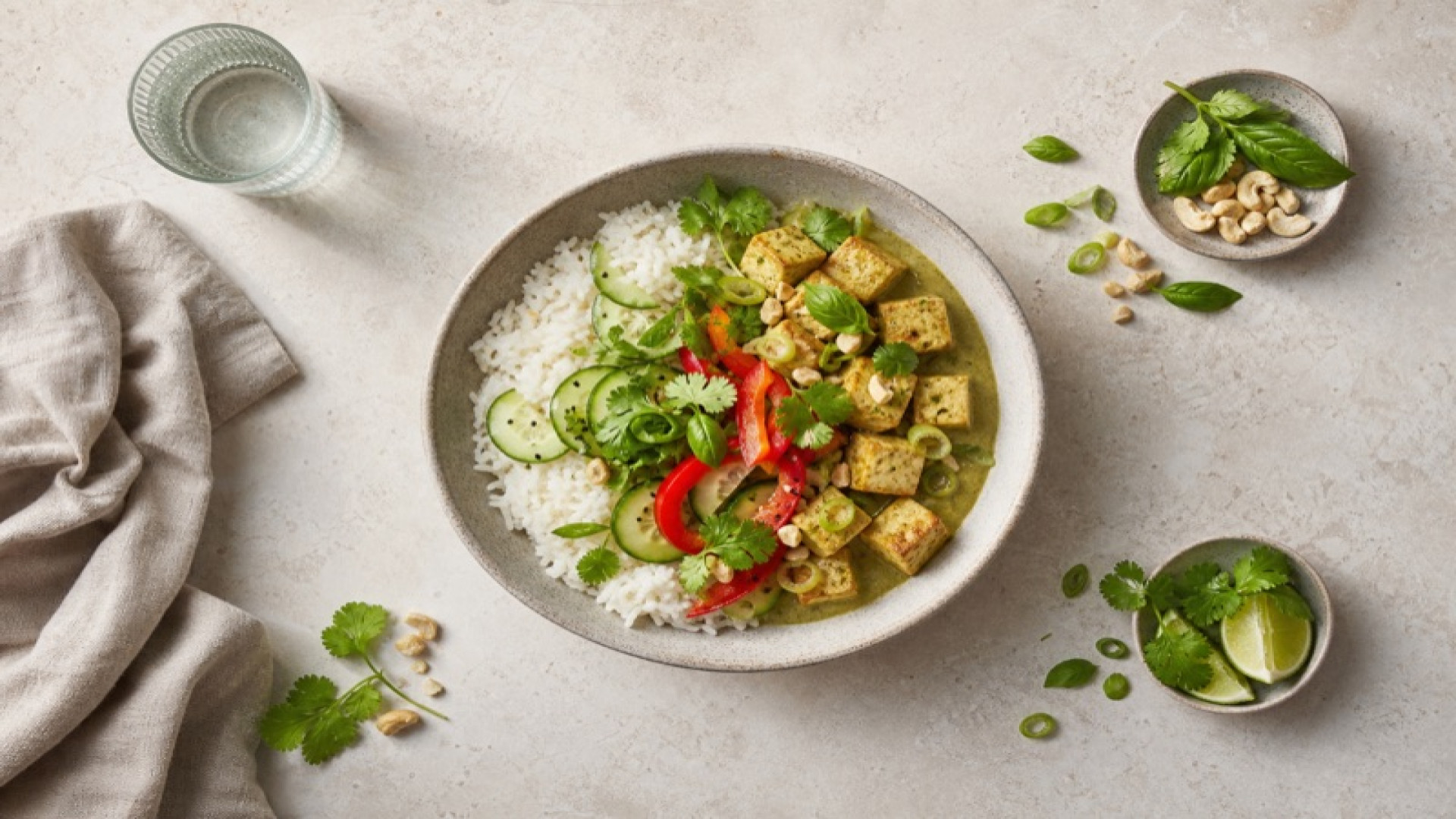 Jasminreis-Bowl mit grünem Curry-Tofu