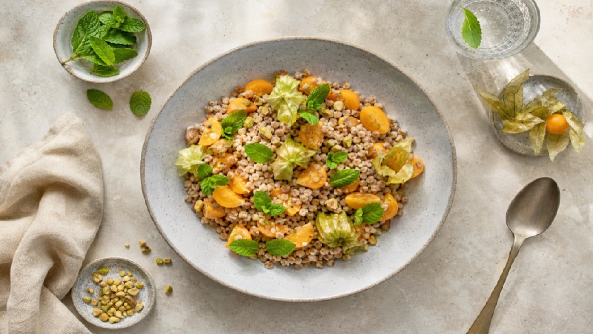 Kalter Buchweizengrütze-Salat mit Physalis und Minze
