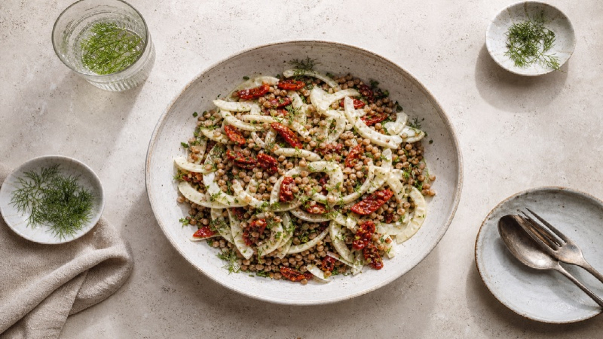 Kalter Buchweizensalat mit Fenchel und getrockneten Tomaten