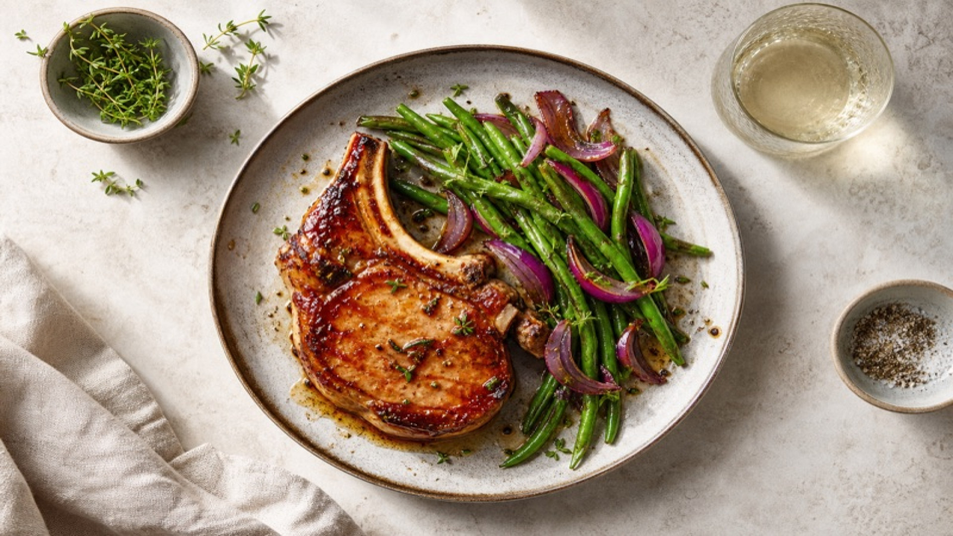 Karamellisiertes Schwein-Stielkotelett mit Wachsbohnen und Roten Zwiebeln