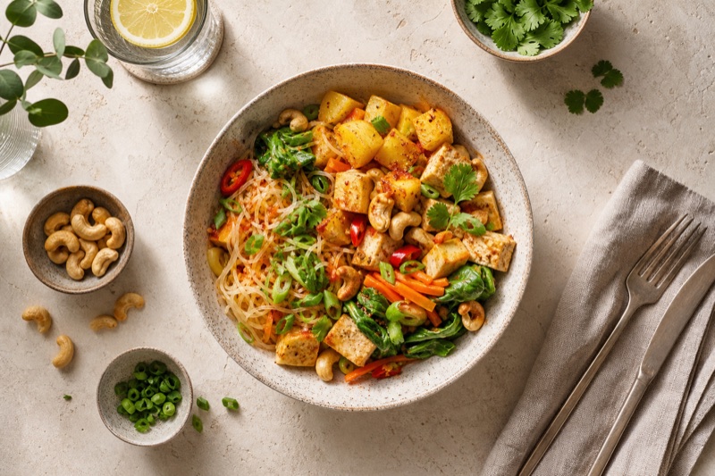 Kartoffel-Cashew-Bowl mit Seidentofu und Glasnudeln