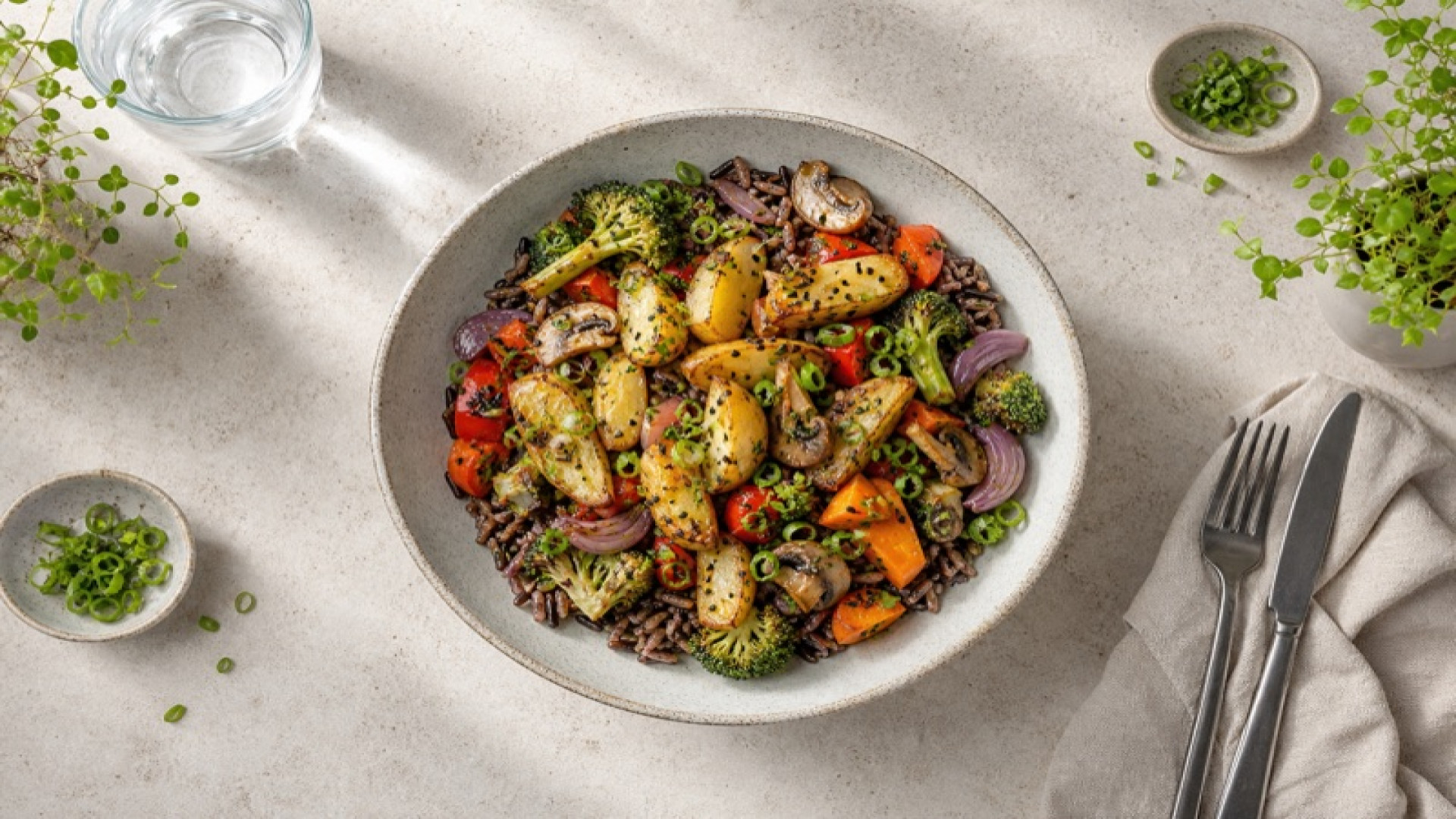 Kartoffel-Gemüse-Bowl mit Wildreis und Sojasauce