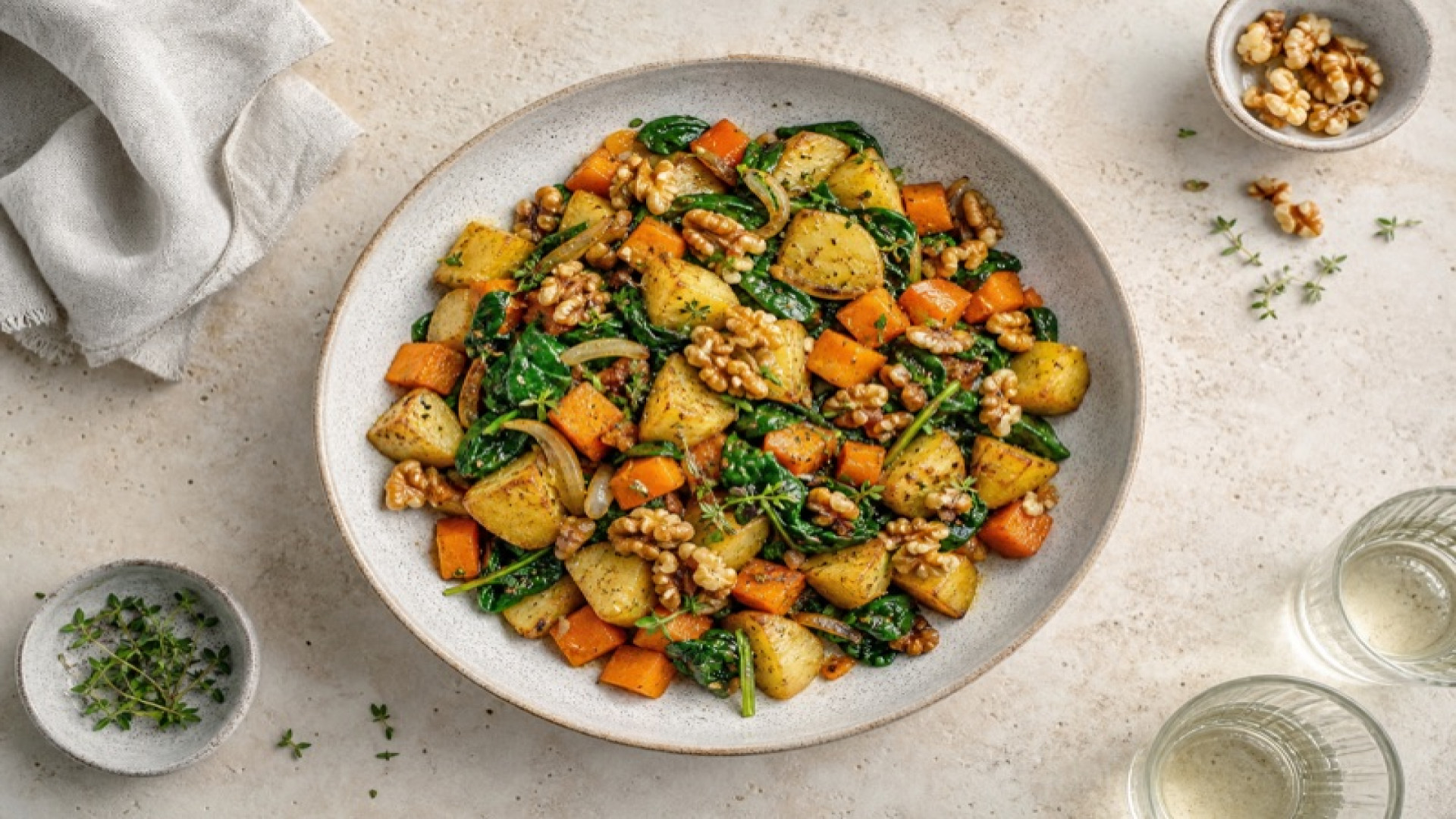 Kartoffel-Kürbis-Pfanne mit Walnüssen und Spinat