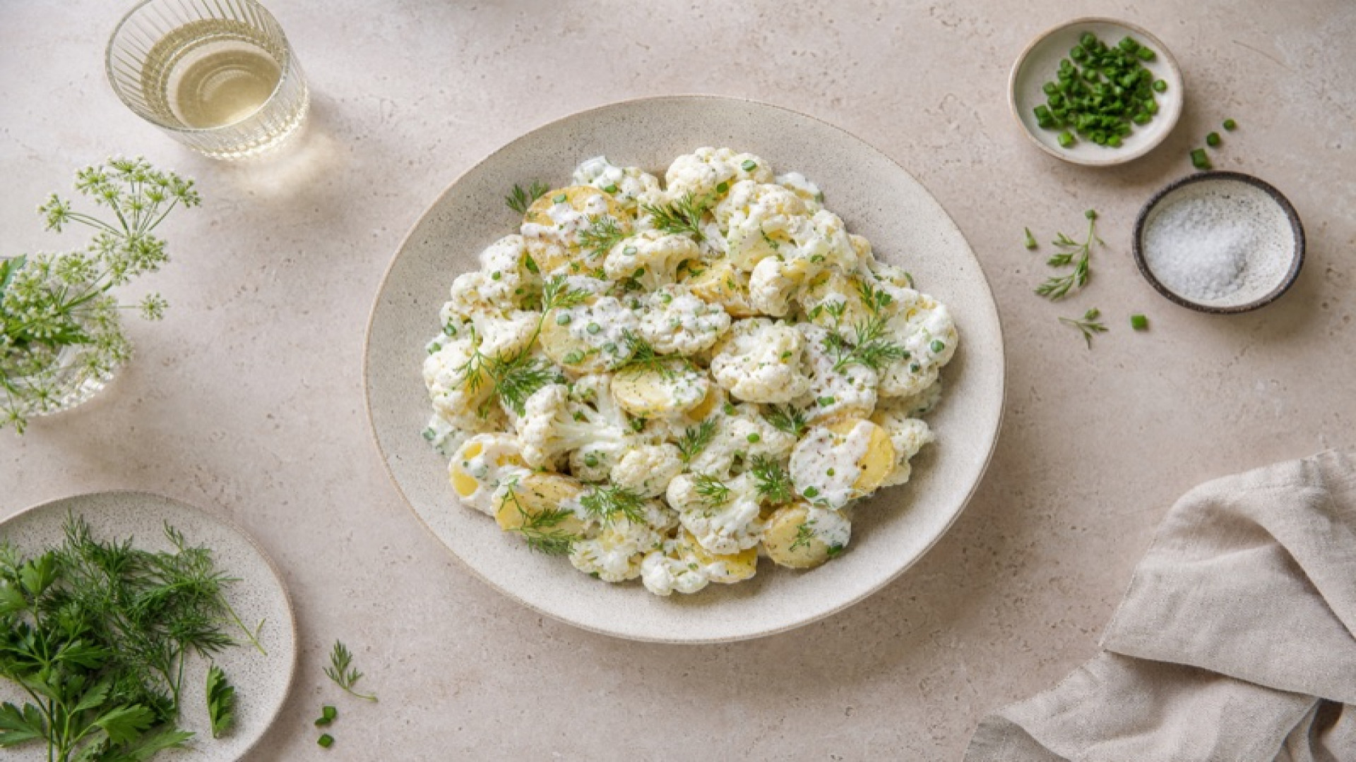 Kartoffelsalat mit gedünstetem Blumenkohl und Joghurt-Dressing