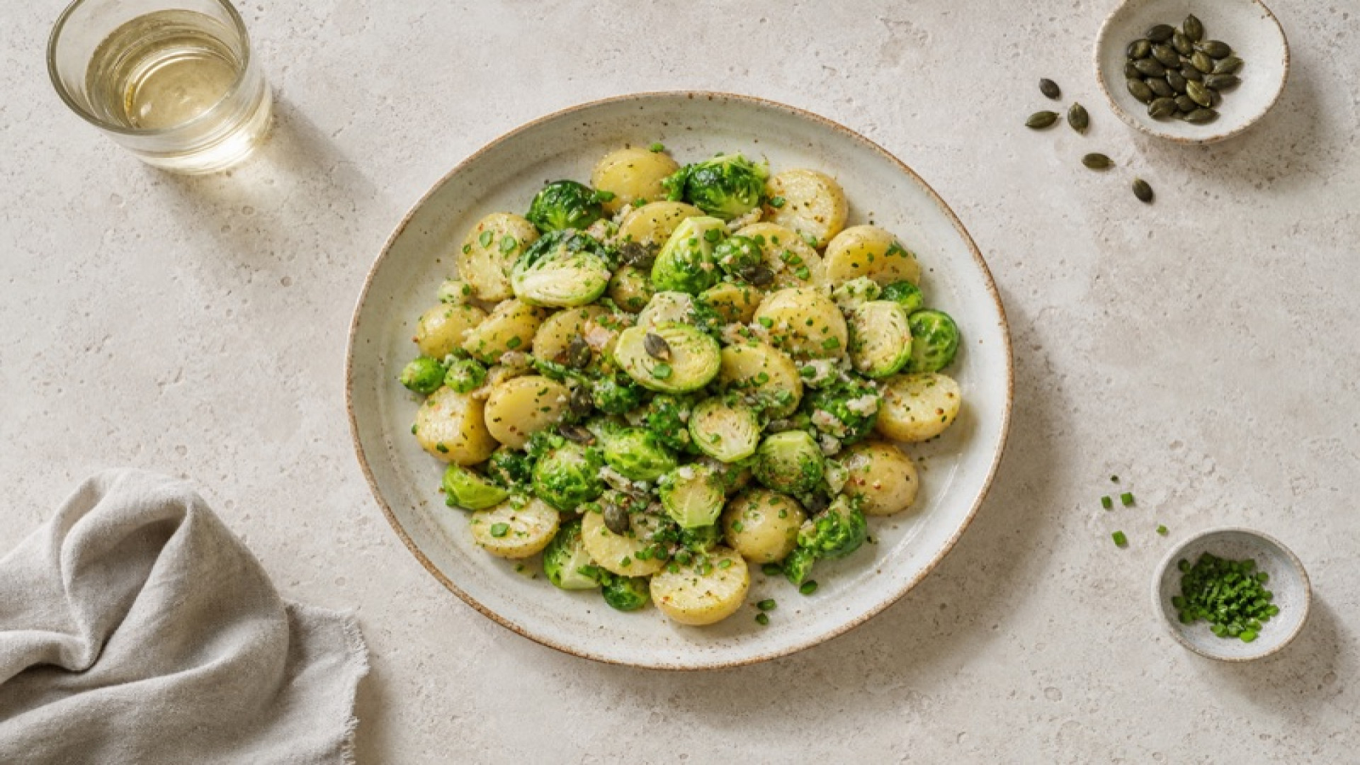 Kartoffelsalat mit Rosenkohl und Kürbiskernen