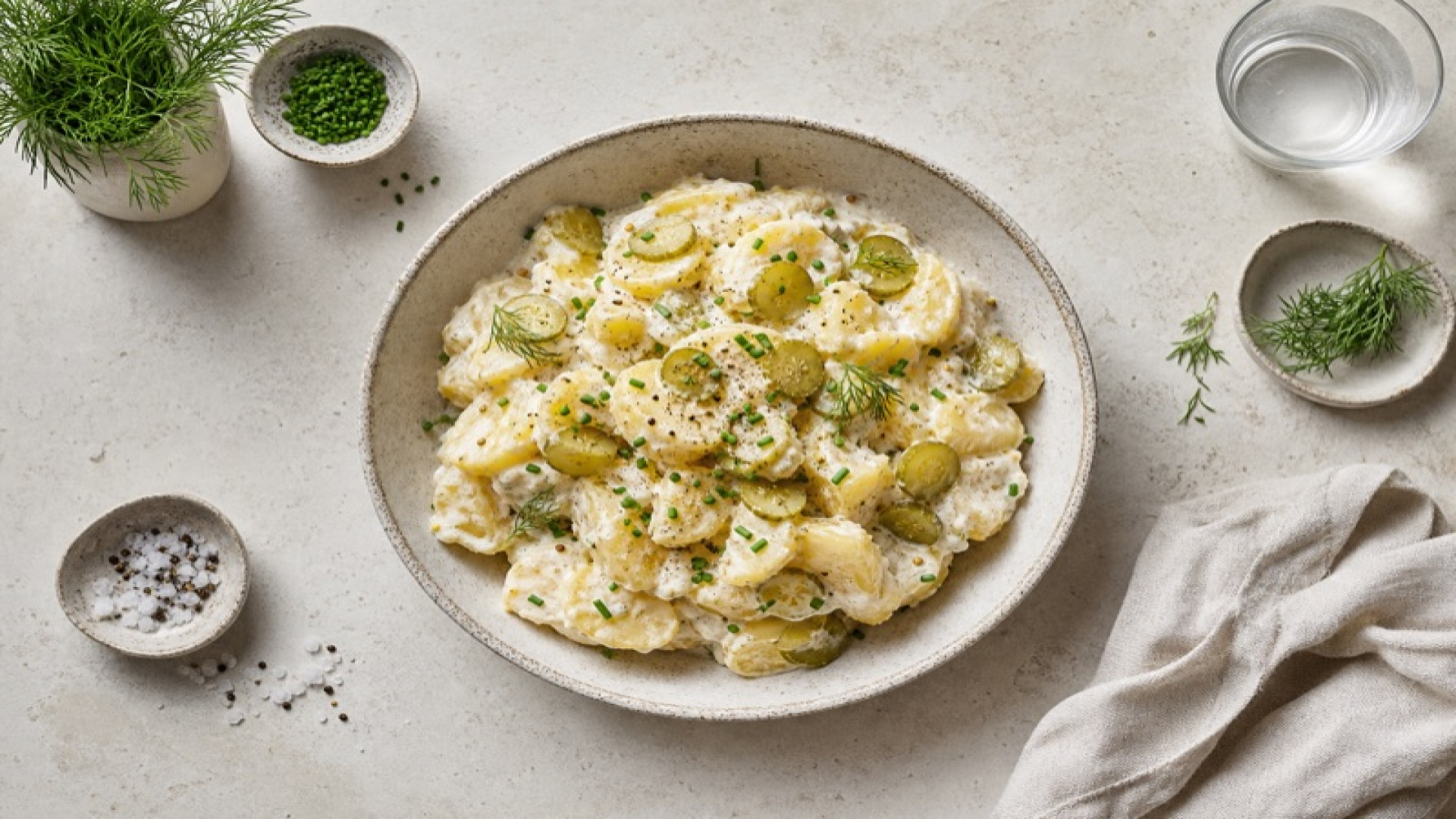 Kartoffelsalat mit Sauerrahm-Dressing und Salzgurke