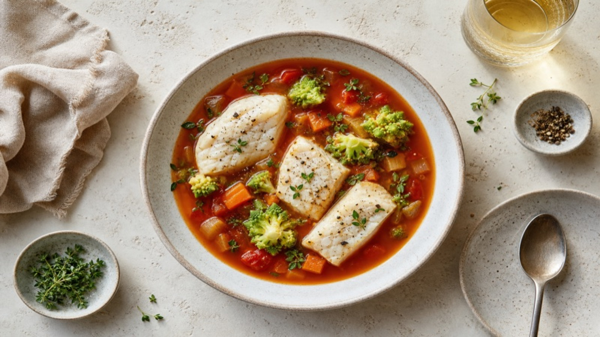 Köhler-Filet in Tomaten-Gemüsebrühe mit Romanesco