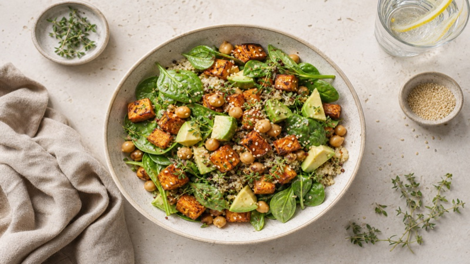 Kichererbsensalat mit gerößteten Süßkartofeln und Quinoa