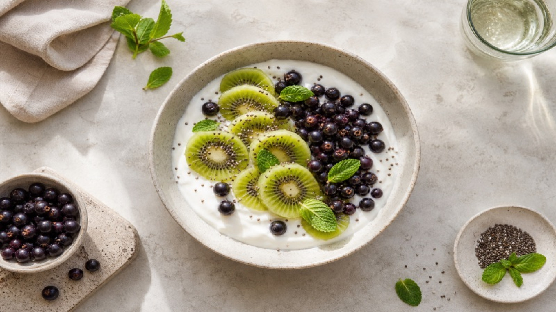 Kiwi-Quark-Bowl mit schwarzen Johannisbeeren
