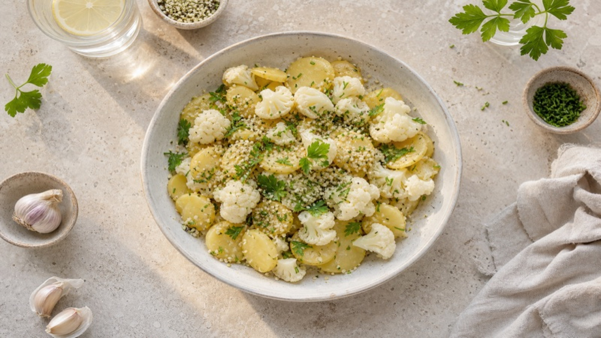 Knoblauch-Kartoffelsalat mit gedämpftem Blumenkohl und Hanfsamen