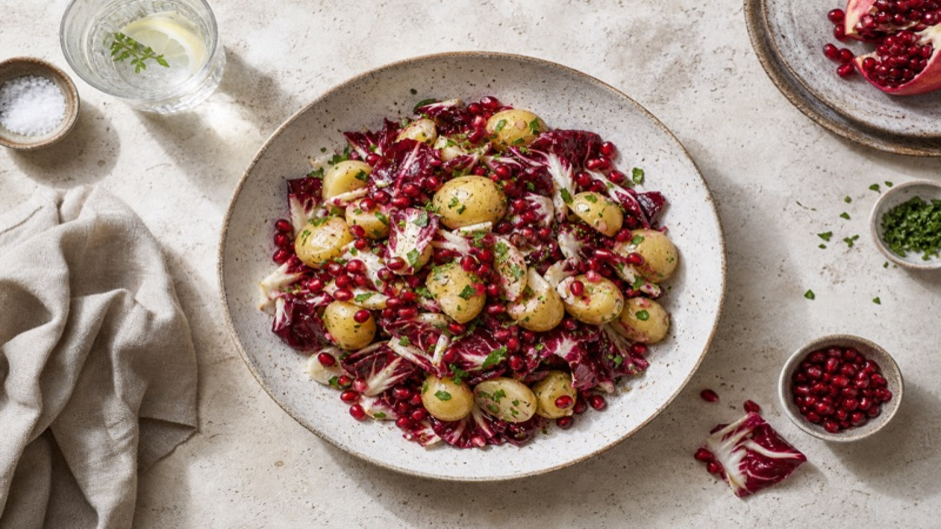 Knoblauch-Kartoffelsalat mit Radicchio und Granatapfel