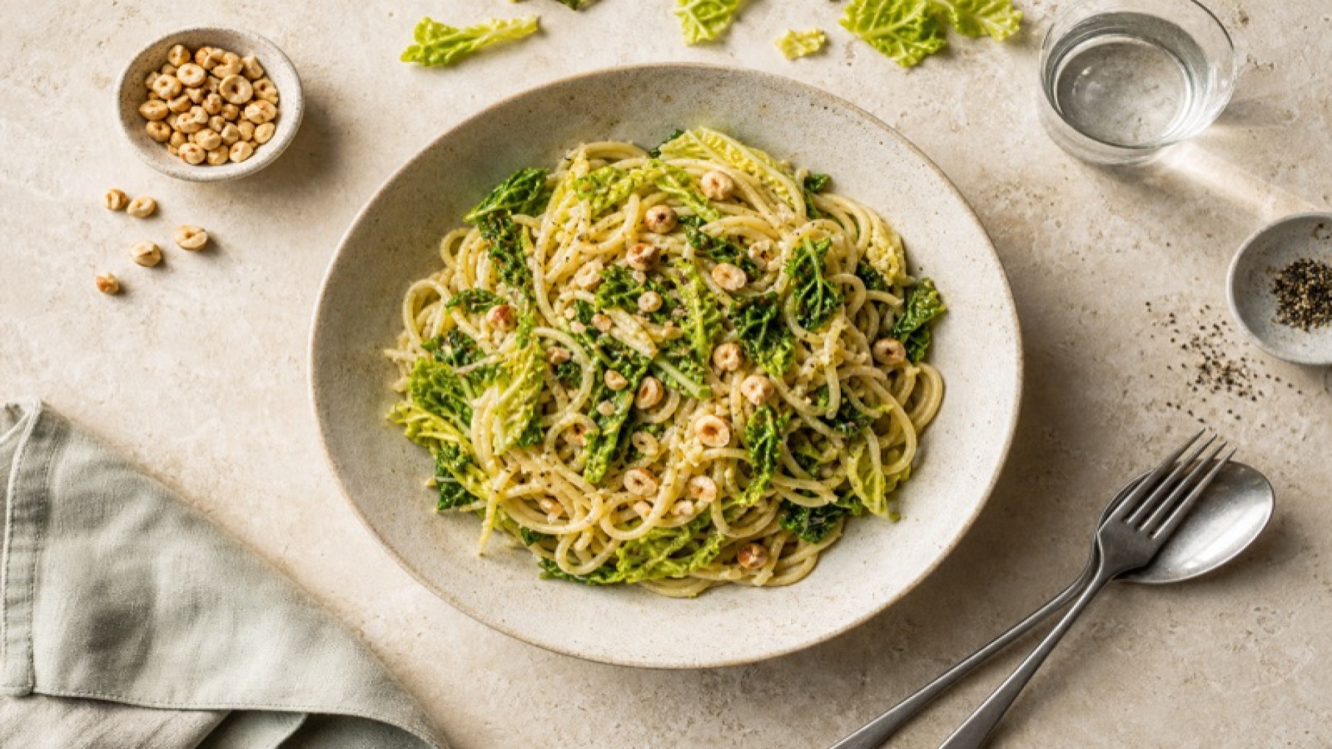 Knoblauch-Pasta mit gedünstetem Wirsing und gerösteten Haselnüssen
