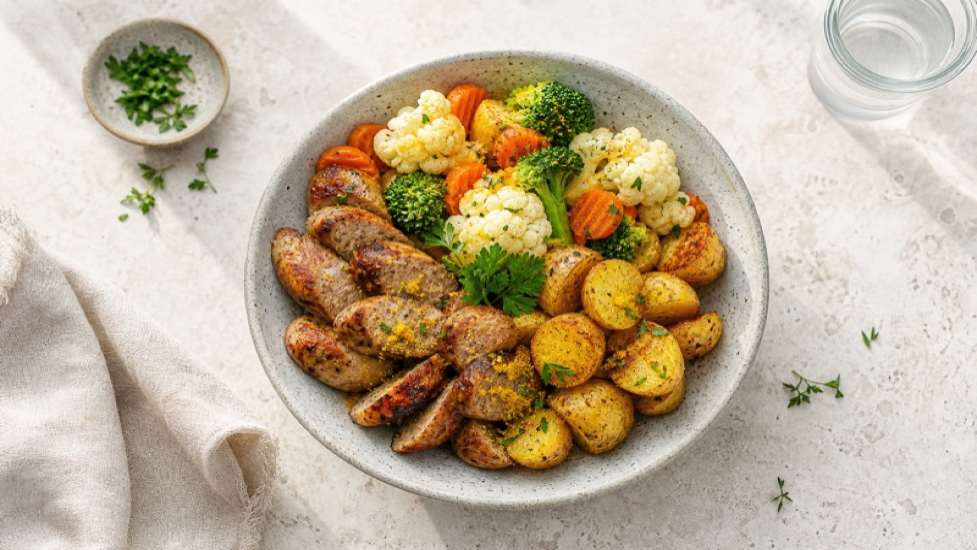 Knusprige Bratwurst-Kartoffel-Bowl mit Kaisergemüse und Kurkuma