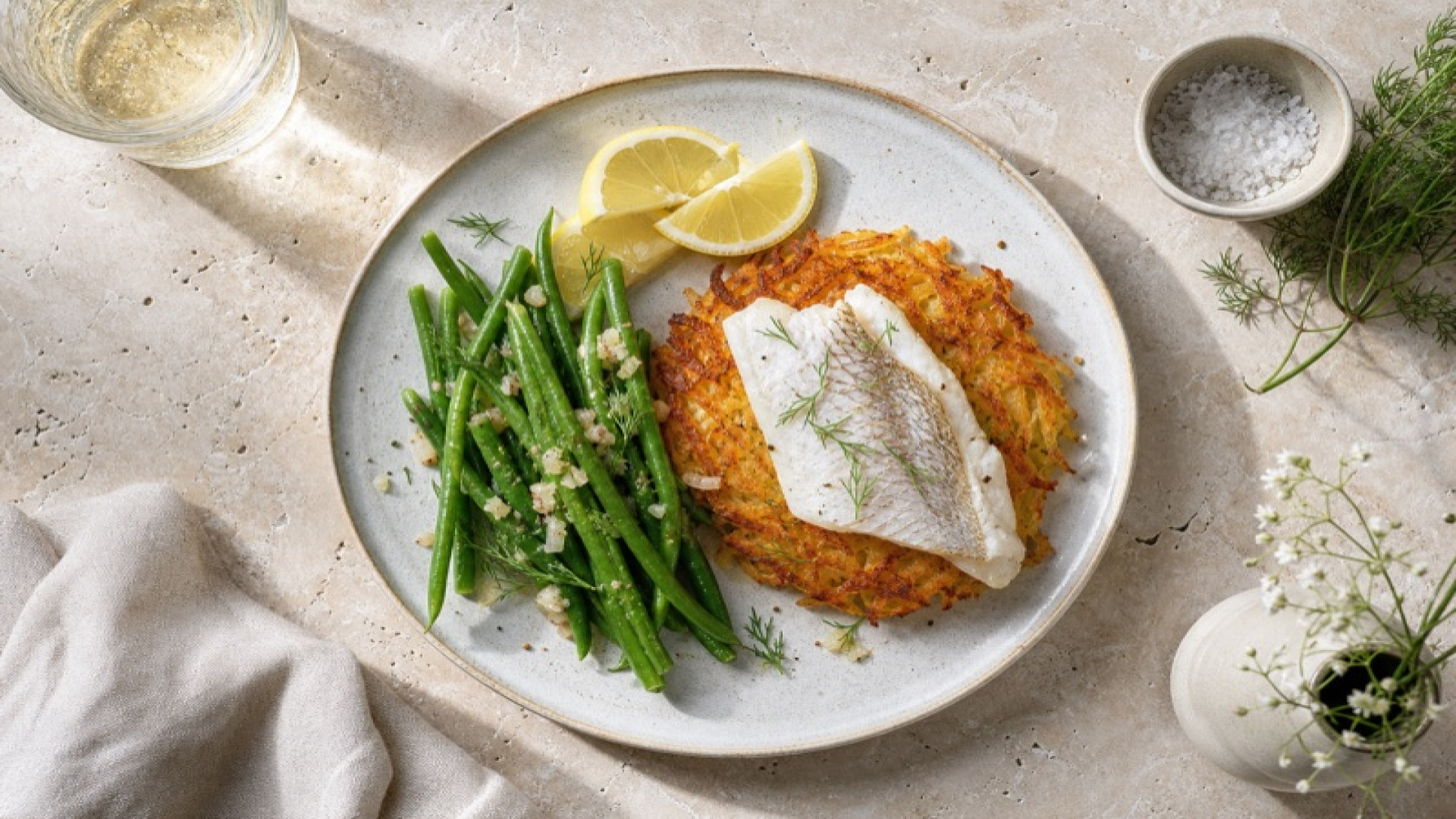 Knusprige Felchen-Rösti mit grünen Bohnen und Zitrone
