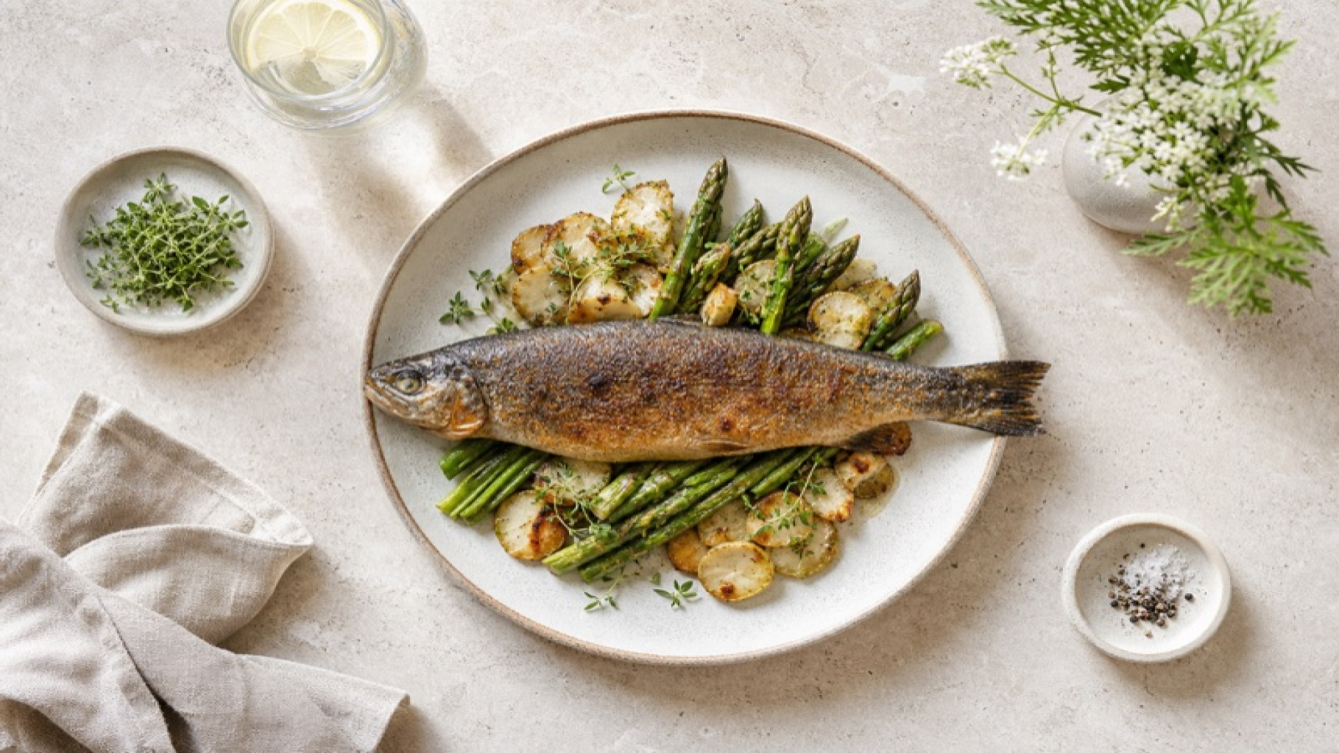 Knusprige Forelle mit Topinambur und grünem Spargel