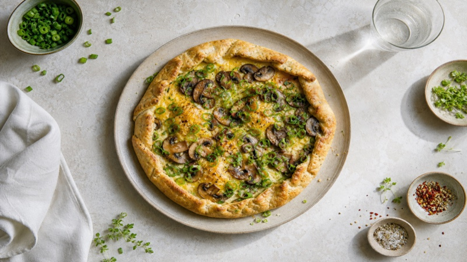 Knusprige Frühlingszwiebel-Ei-Galette mit Pilzen