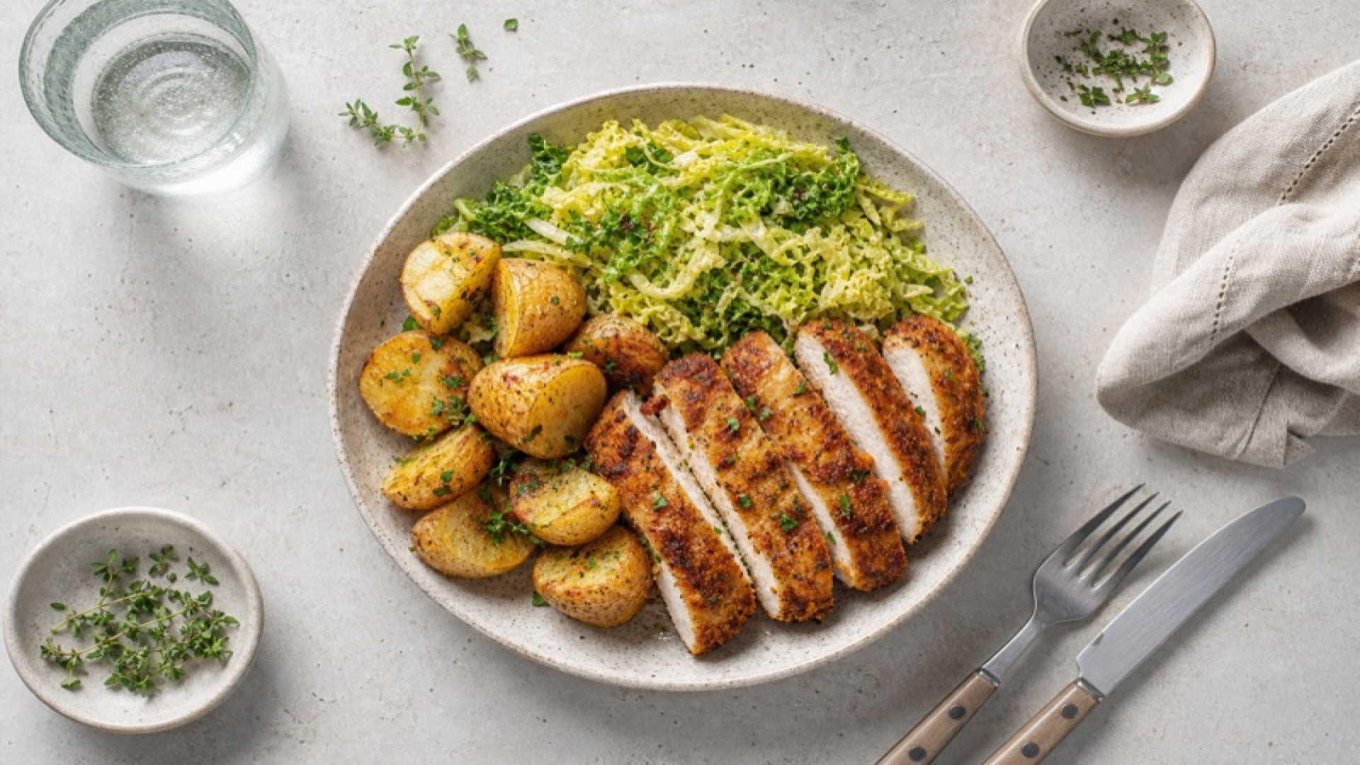 Knusprige Hähnchen-Kartoffel-Bowl mit gedünstetem Wirsing