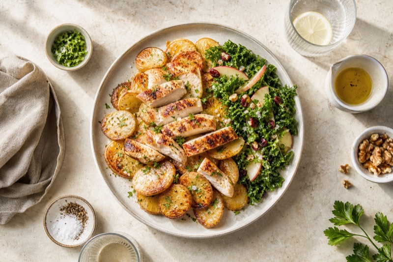 Knusprige Hähnchen-Kartoffelscheiben mit Grünkohl-Salat