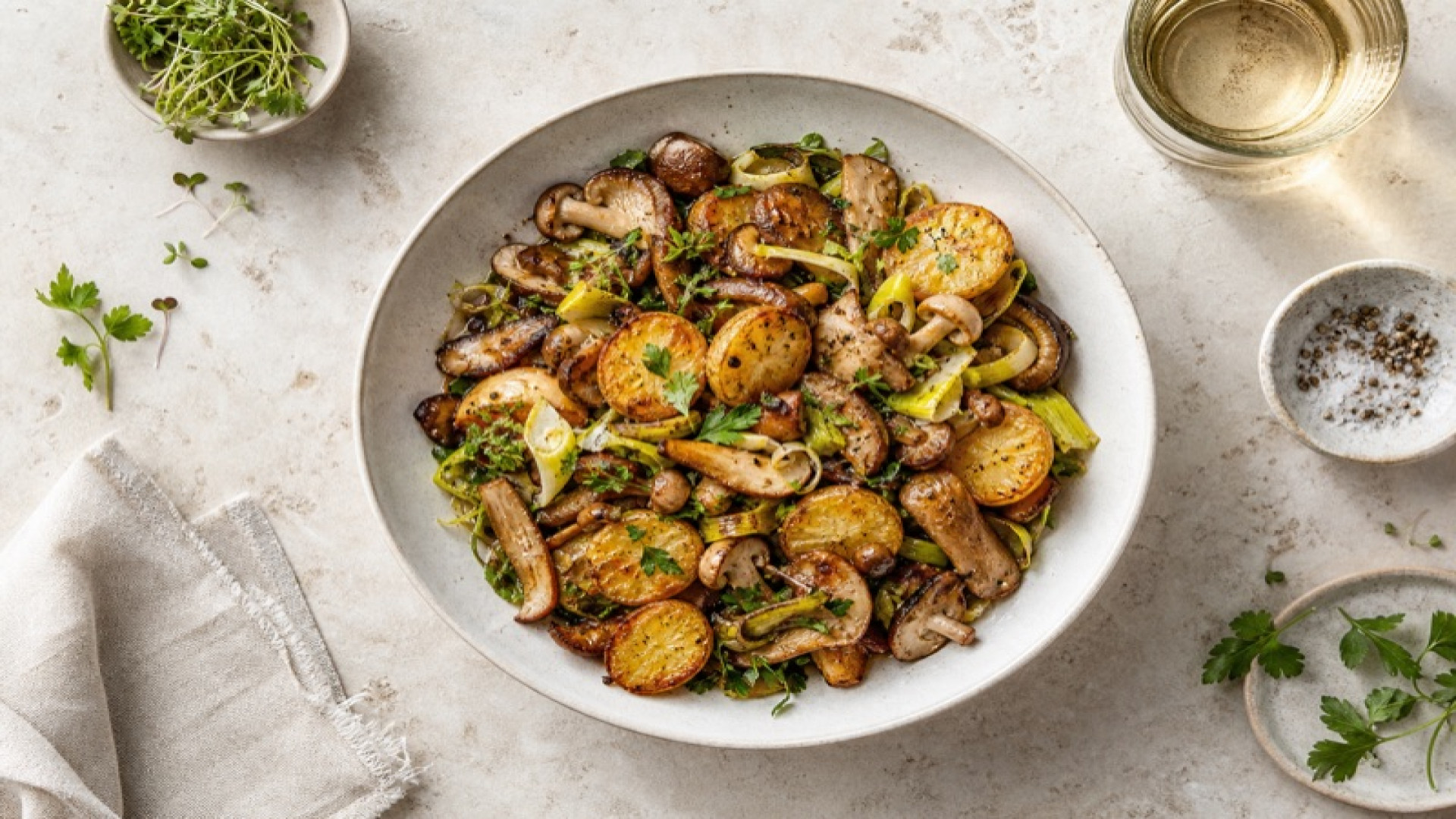Knusprige Kartoffel-Champignon-Bowl mit Mischpilzen und Lauch