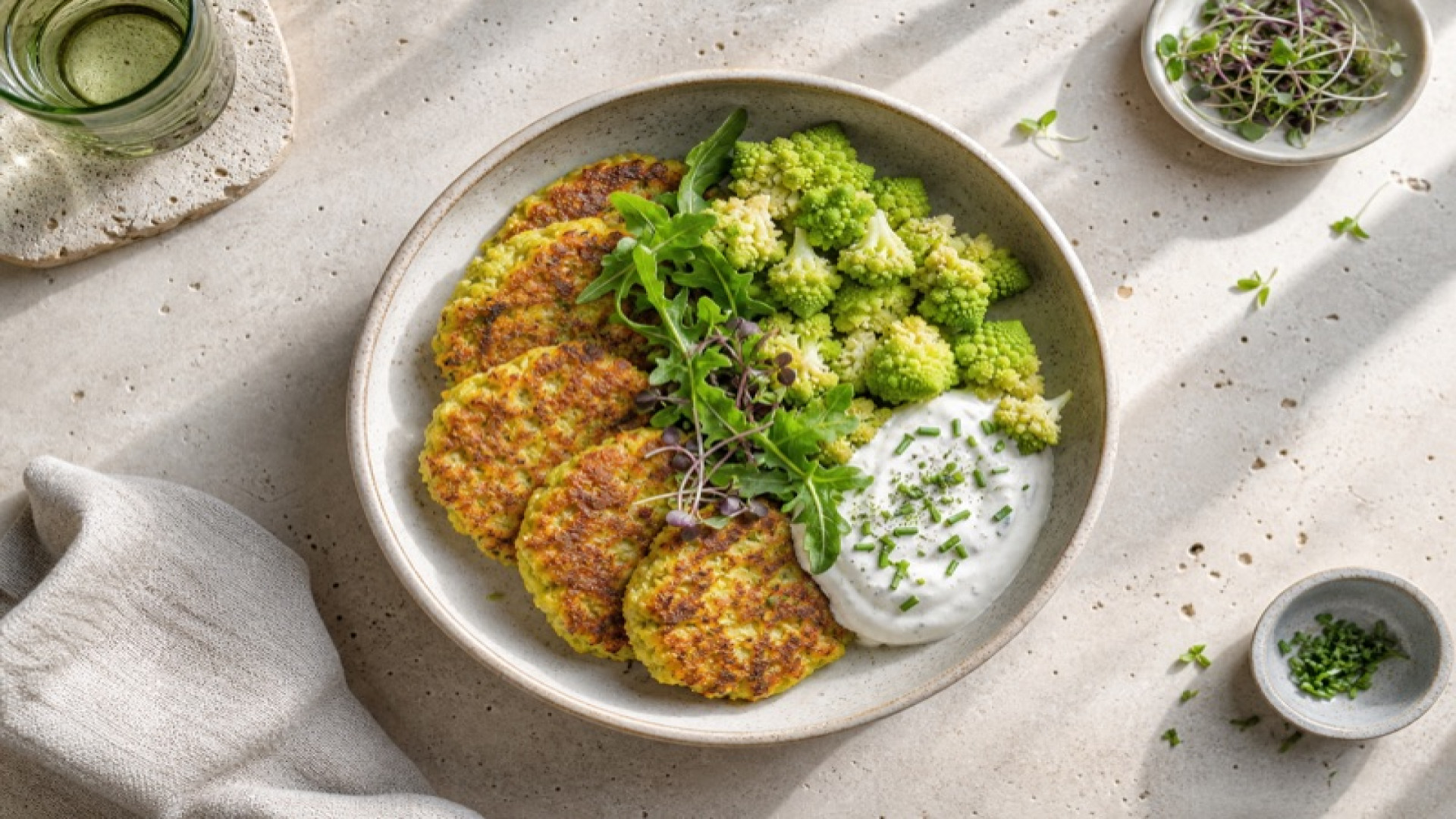 Knusprige Kartoffelpuffer-Bowl mit Romanesco und Joghurt-Dip