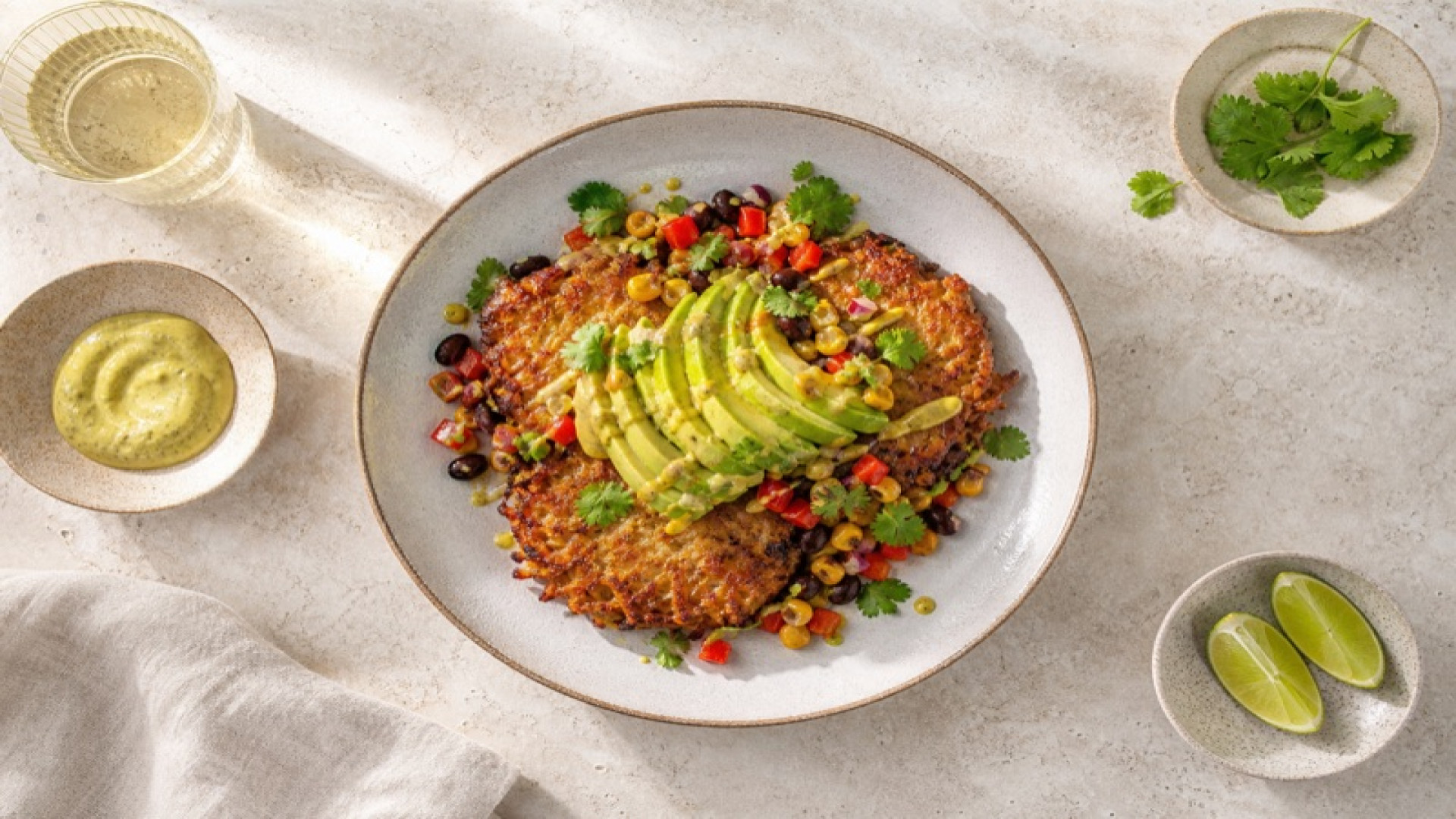 Knusprige Kartoffelpuffer mit mexikanischem Gemüse und Avocado-Senf